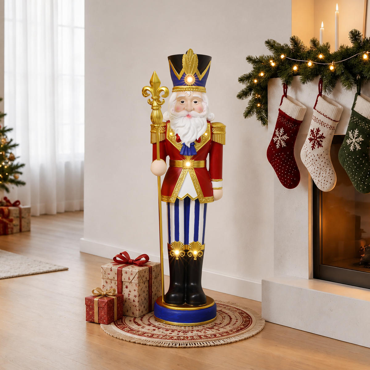 NUSSKNACKER Figur groß 91cm, Weihnachtsdeko mit LED, Timer, MgO - Dunkelrot, Naturmaterialien (28.5/91/28.5cm) - Hometopia