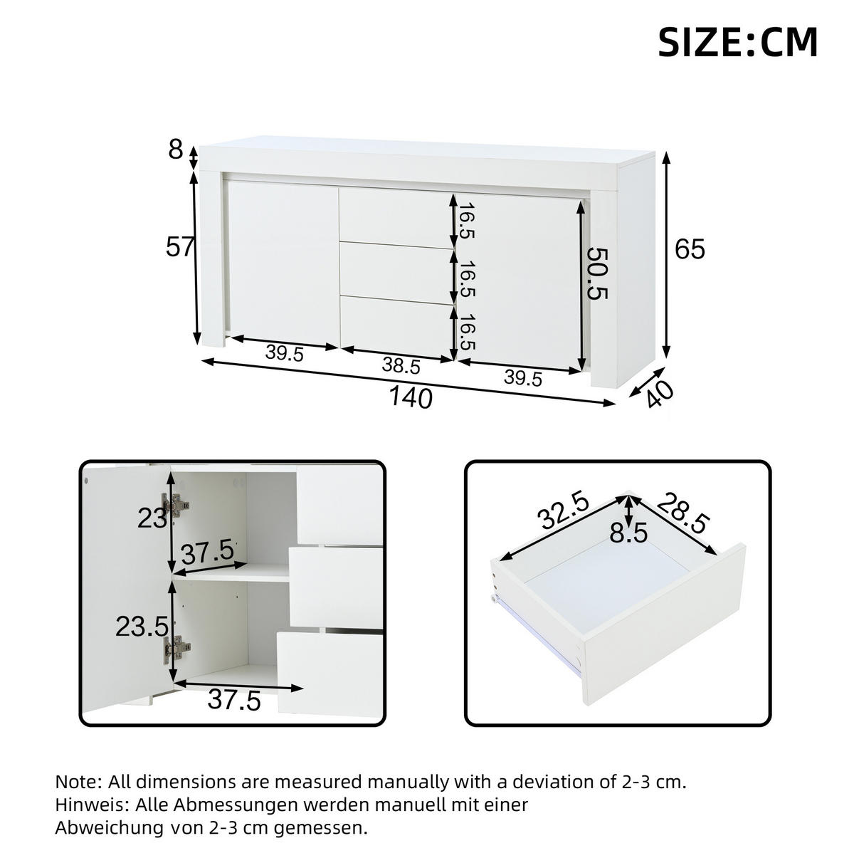 SIDEBOARD 140/40/65 cm aus MDF mit Hochglanzfront und LED-Beleuchtung Weiß - Weiß, Holzwerkstoff (140/65/40cm) - Modenvie