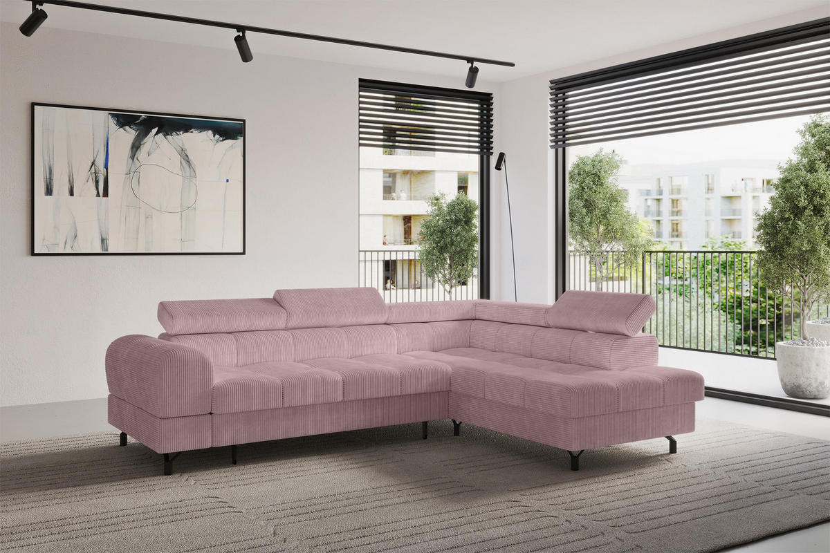 ECKSOFA mit Schlaffunktion Ottomane Rechts LUMA-L 272x203x70 Rosa Cord - Schwarz/Rosa, Holzwerkstoff/Kunststoff (203/272cm) - ALTDECOR