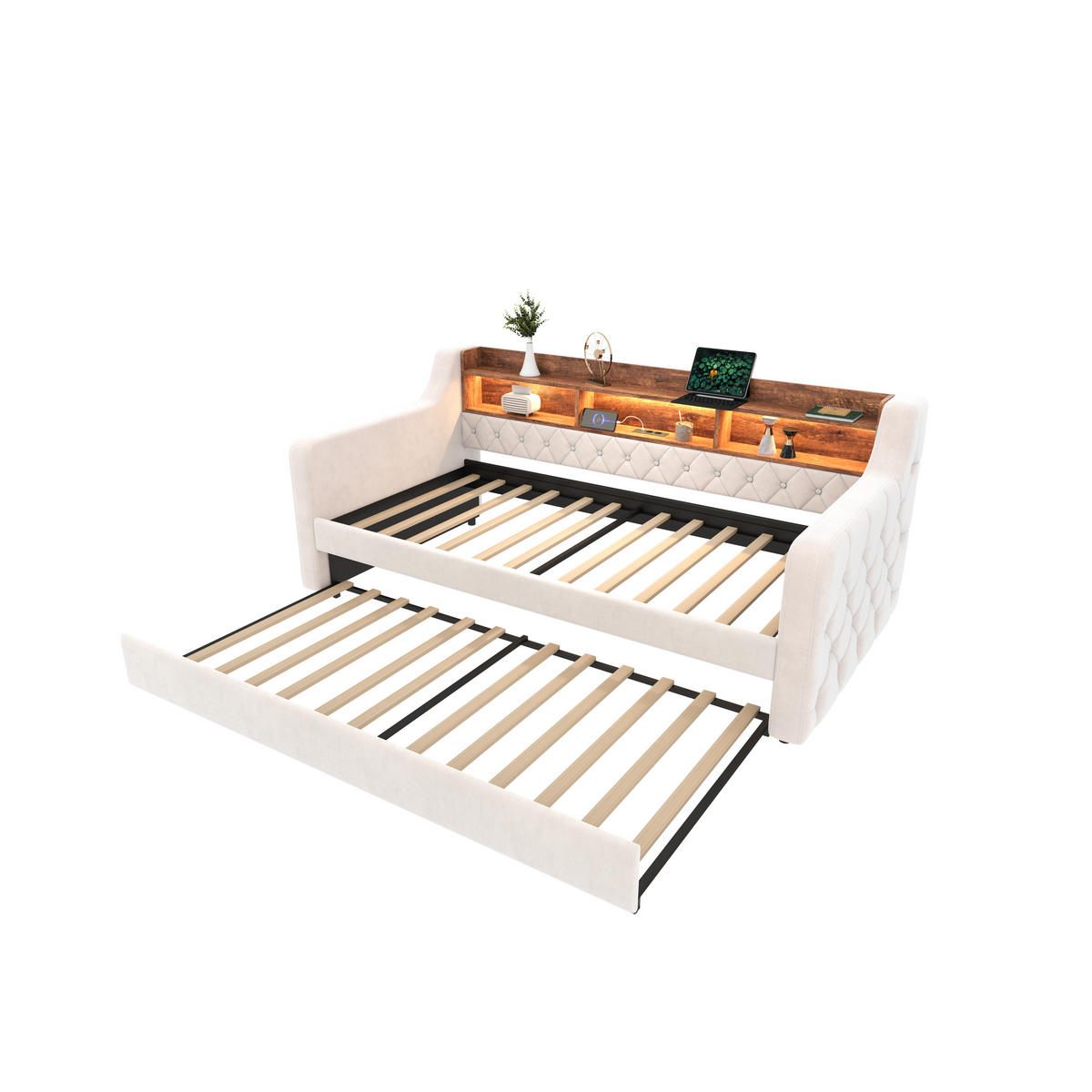 BETT 90/190 cm aus Samt mit Stauraum LED-Ambiente & USB-Type-C-Anschluss Beige - Beige, Textil (90/190cm) - OKWISH