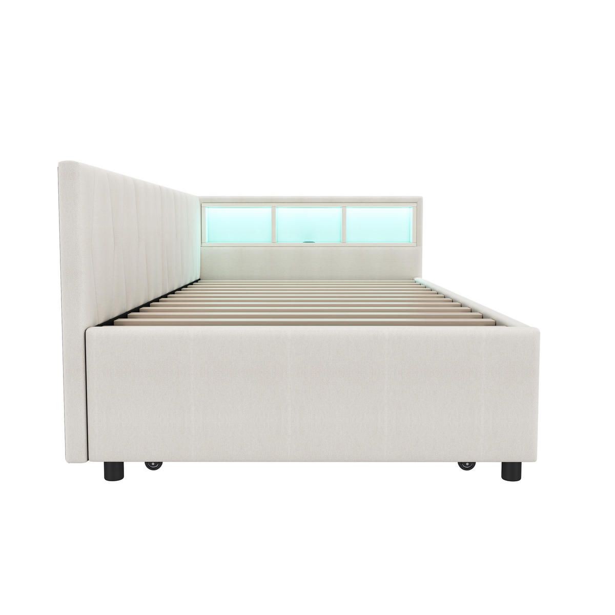 POLSTERBETT 90/200 cm beige mit USB- und Type-C-Anschlüssen und LED-Beleuchtung - Beige, Textil (90/200cm) - OKWISH