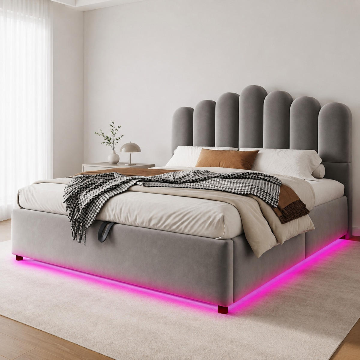 POLSTERBETT 140/200 mit Bettkasten und LED-Lichtleiste in Grau - Grau, Holzwerkstoff/Textil (140/200cm) - EVRYAE