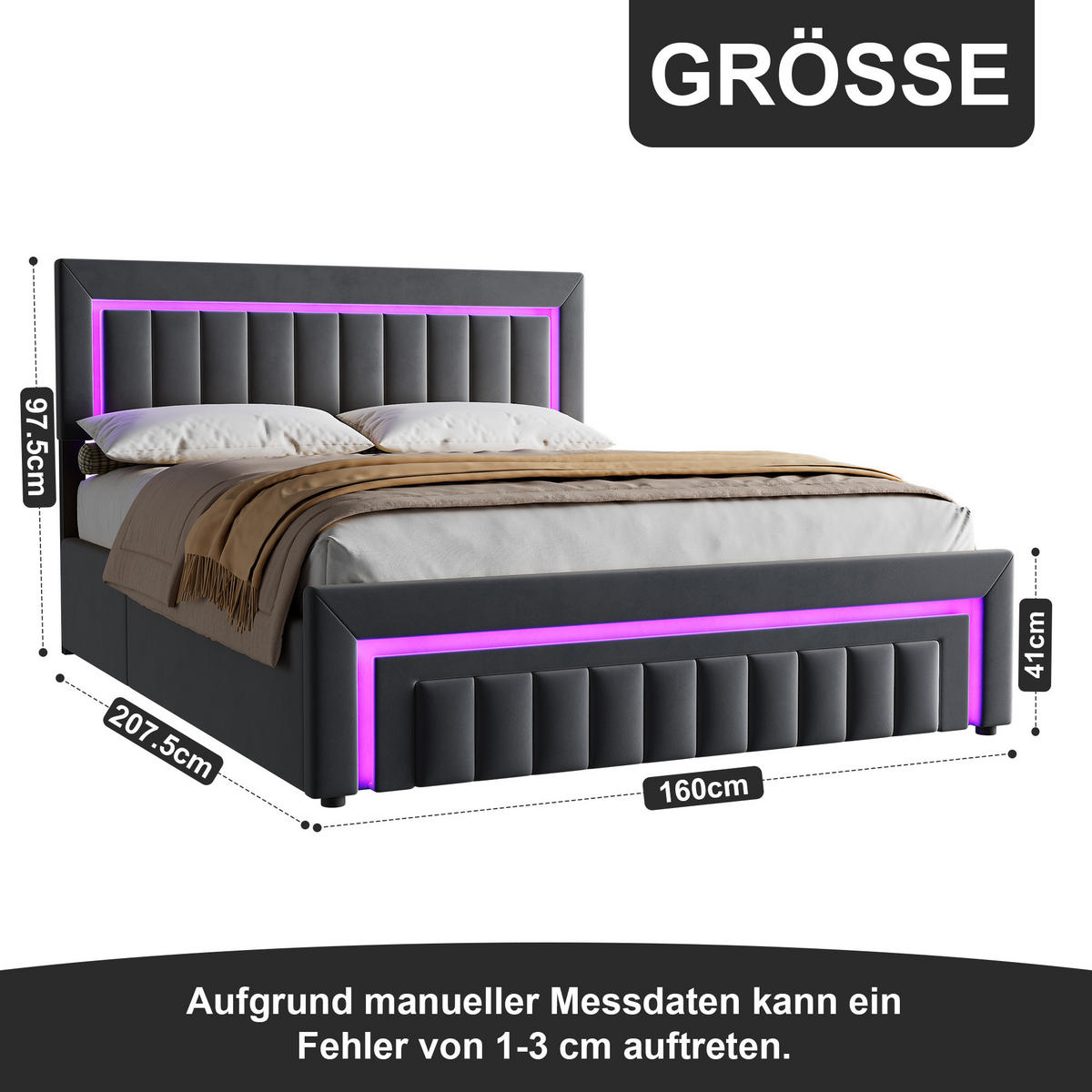 POLSTERBETT 160/200 mit Bettkasten und Schubladen , mit LED, ohne Matratze - Grau, Holzwerkstoff/Textil (160/200cm) - STILVORA