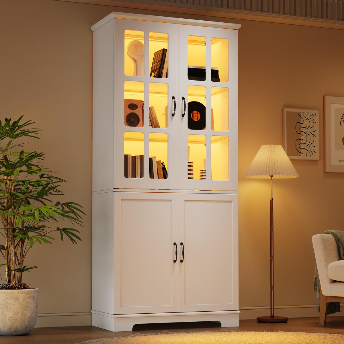 HOCHSCHRANK Weiß 2 Glastüren 2 Türen 5 Regale 180cm Landhaus - Weiß, Holzwerkstoff (80/180/38cm) - FLIEKS