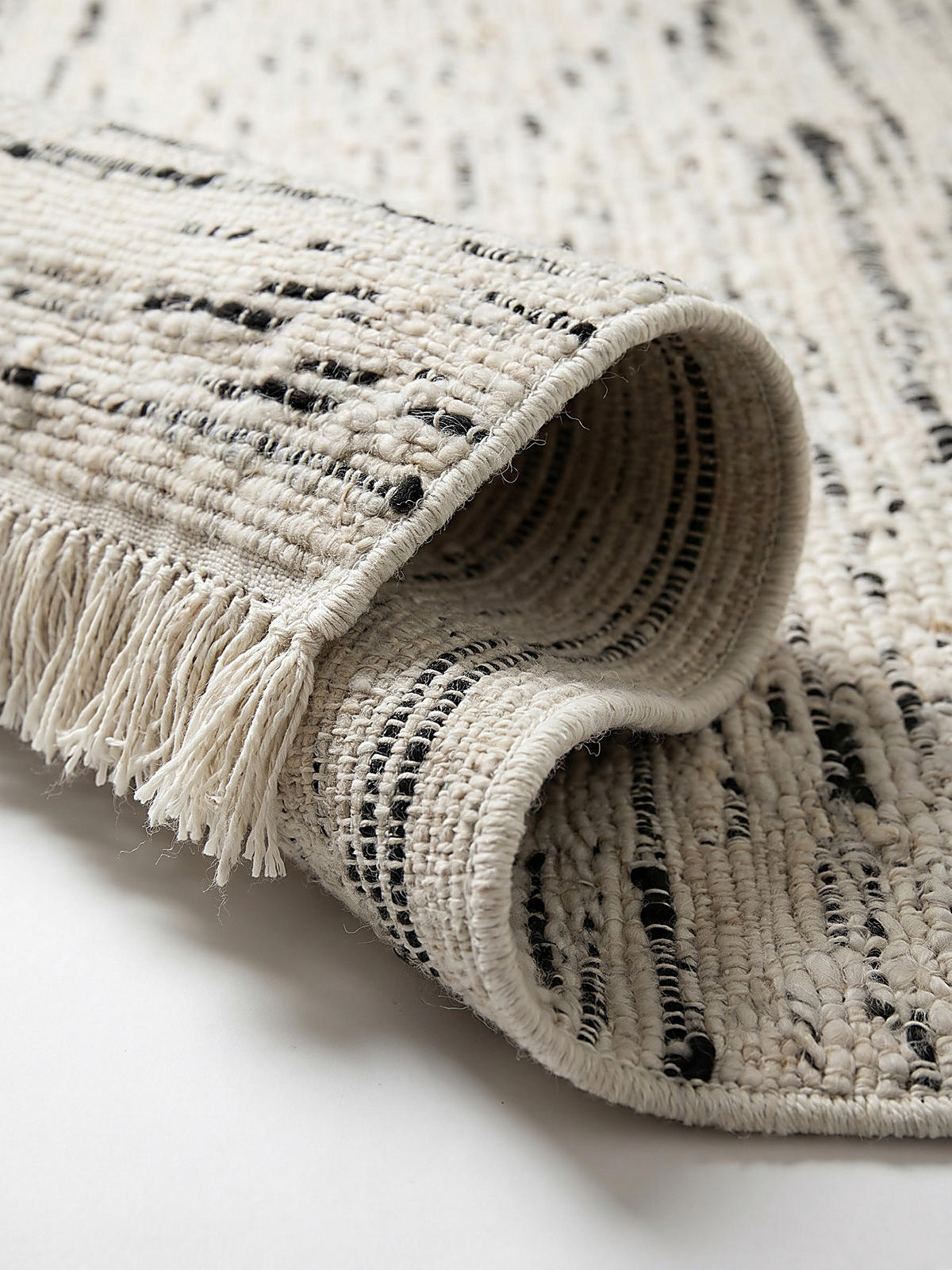 TEPPICH aus Wolle handgewebt mit Fransen TIREE in Schwarz, gestreift, 140 x 200 cm - Schwarz, Textil (200/140cm) - KADIMA DESIGN