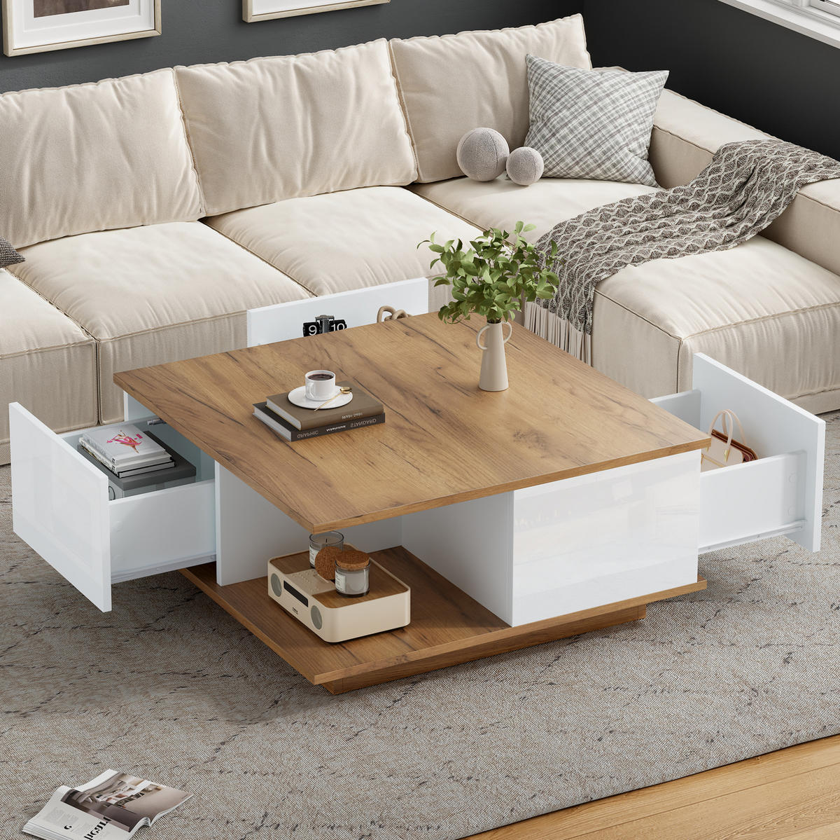 COUCHTISCH mit 3 Schubladen 70 x 70 cm Weiß/Walnut - Weiß, Holzwerkstoff (70/70/31.5cm) - Meubliv