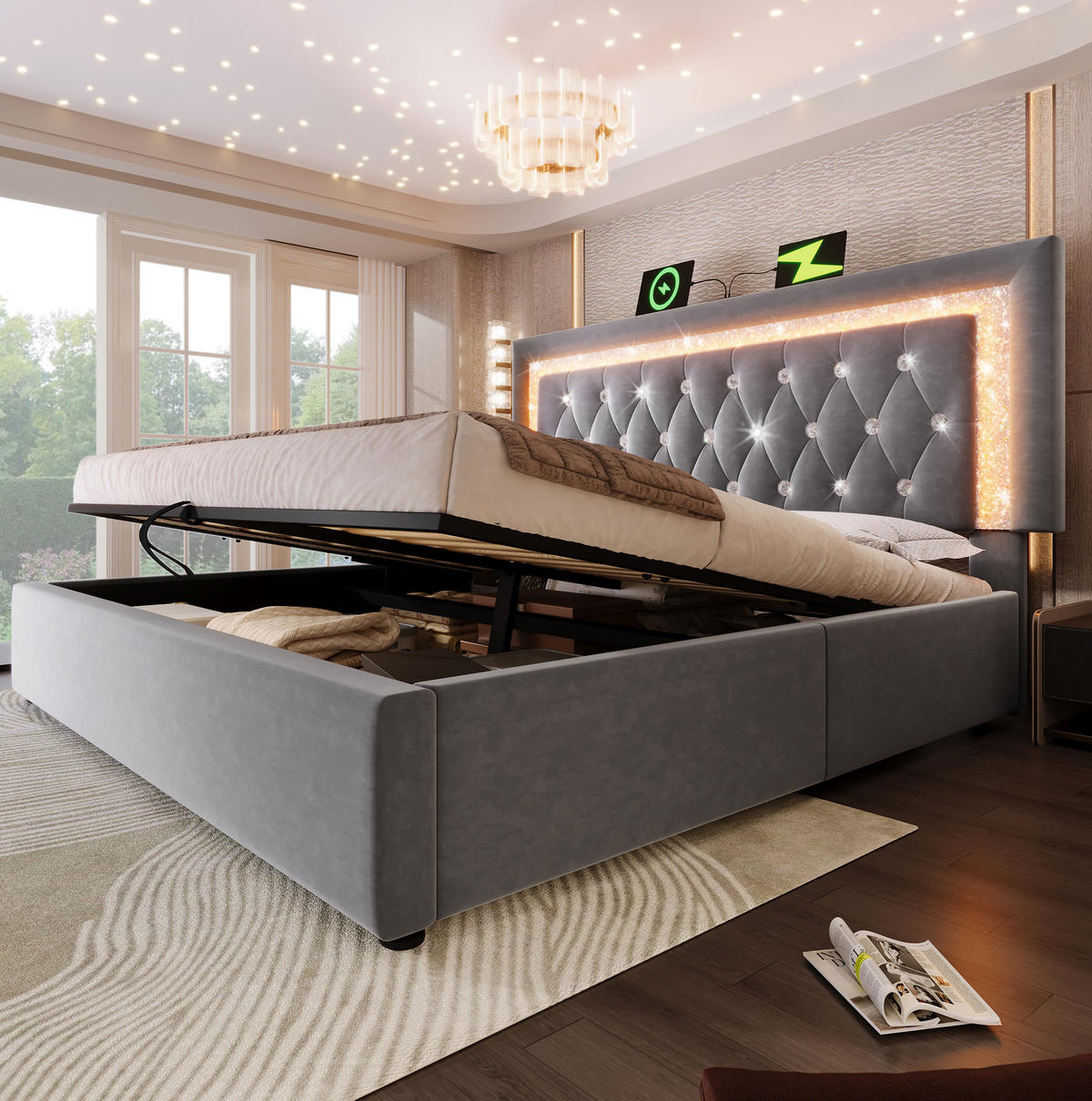 POLSTERBETT mit LED und Stauraum 140x200 cm Samt Grau - Grau, Metall (140/200cm) - Meubliv