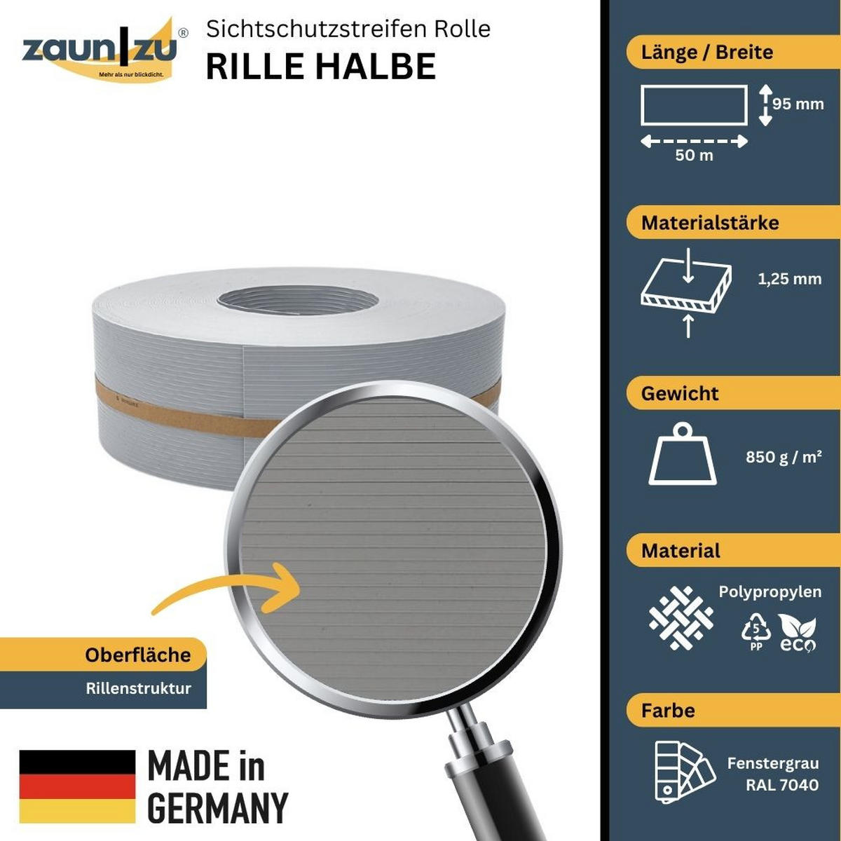 SICHTSCHUTZSTREIFEN Rille Halbe Rolle für Doppelstabmatten Fenstergrau 50m - Hellgrau, Kunststoff (5000/9.5cm) - ZAUN|ZU