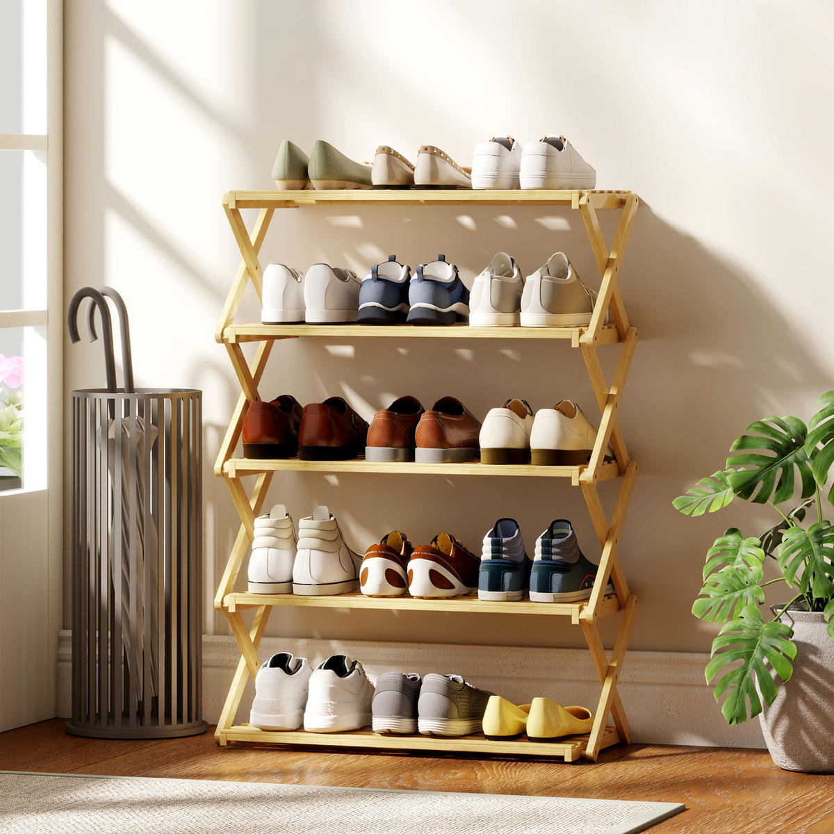 SCHUHREGAL,5-STÖCKIG klappbar Bambus 60x29x88cm,holzfarbe - Beige, Naturmaterialien (60/88/29cm) - Vallsero