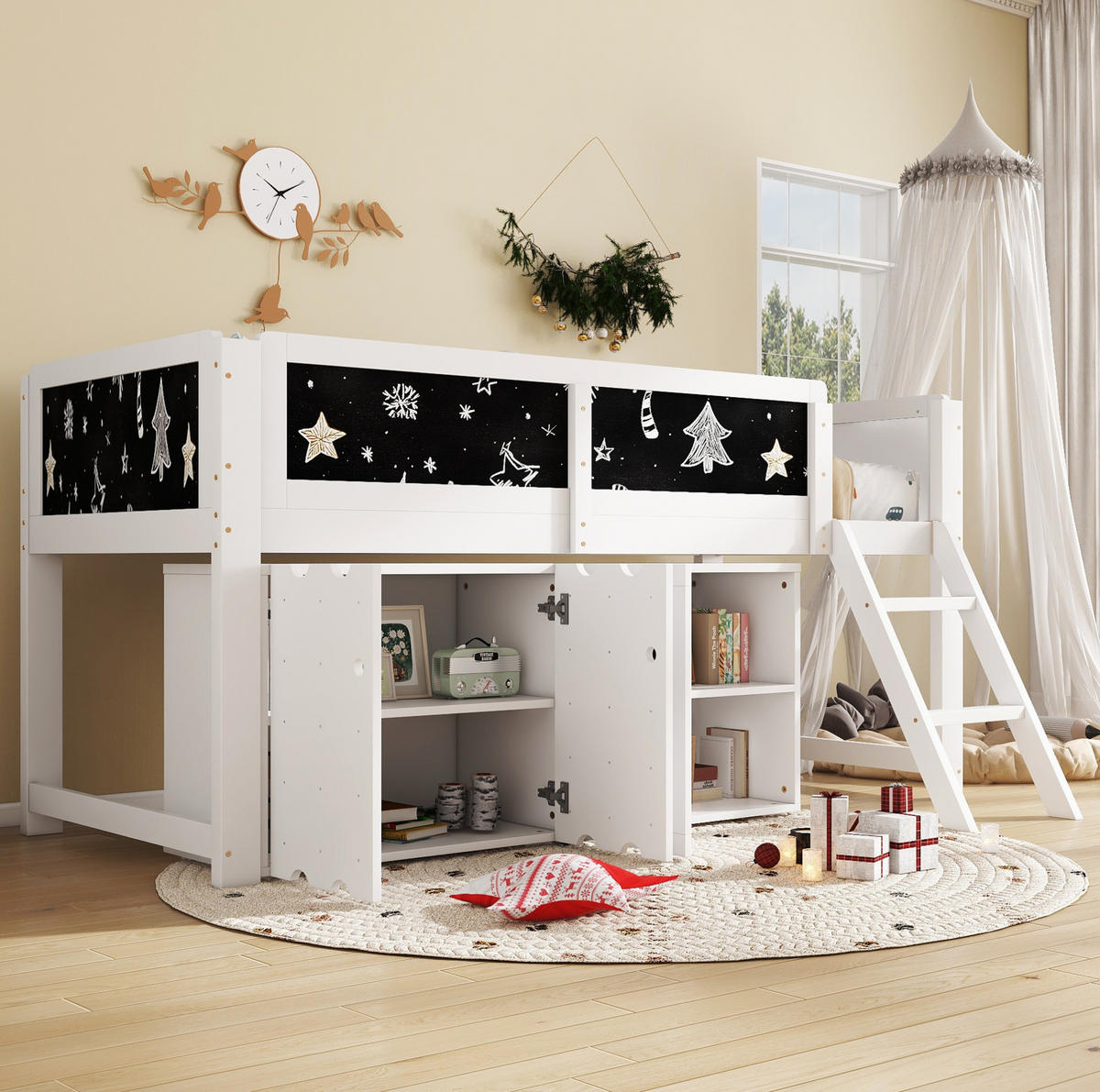 HOCHBETT 90/200 cm aus Kiefer und MDF mit Schrank und Kreidetafel Weiß/Schwarz - Weiß, Holzwerkstoff (90/200cm) - Modenvie