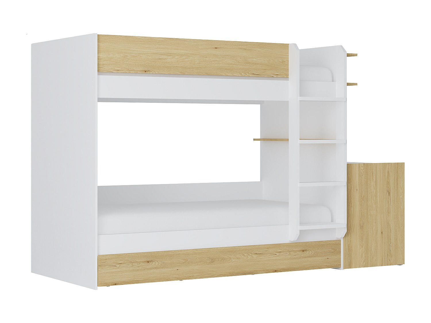 ETAGENBETT mit zusätzlichem Ausziehbett & 2 Schreibtischen - 3 x 90 x 190 cm - Weiß & Holzfarben - DOMATI - Naturfarben, Holz (100.4/196cm) - Vente-Unique