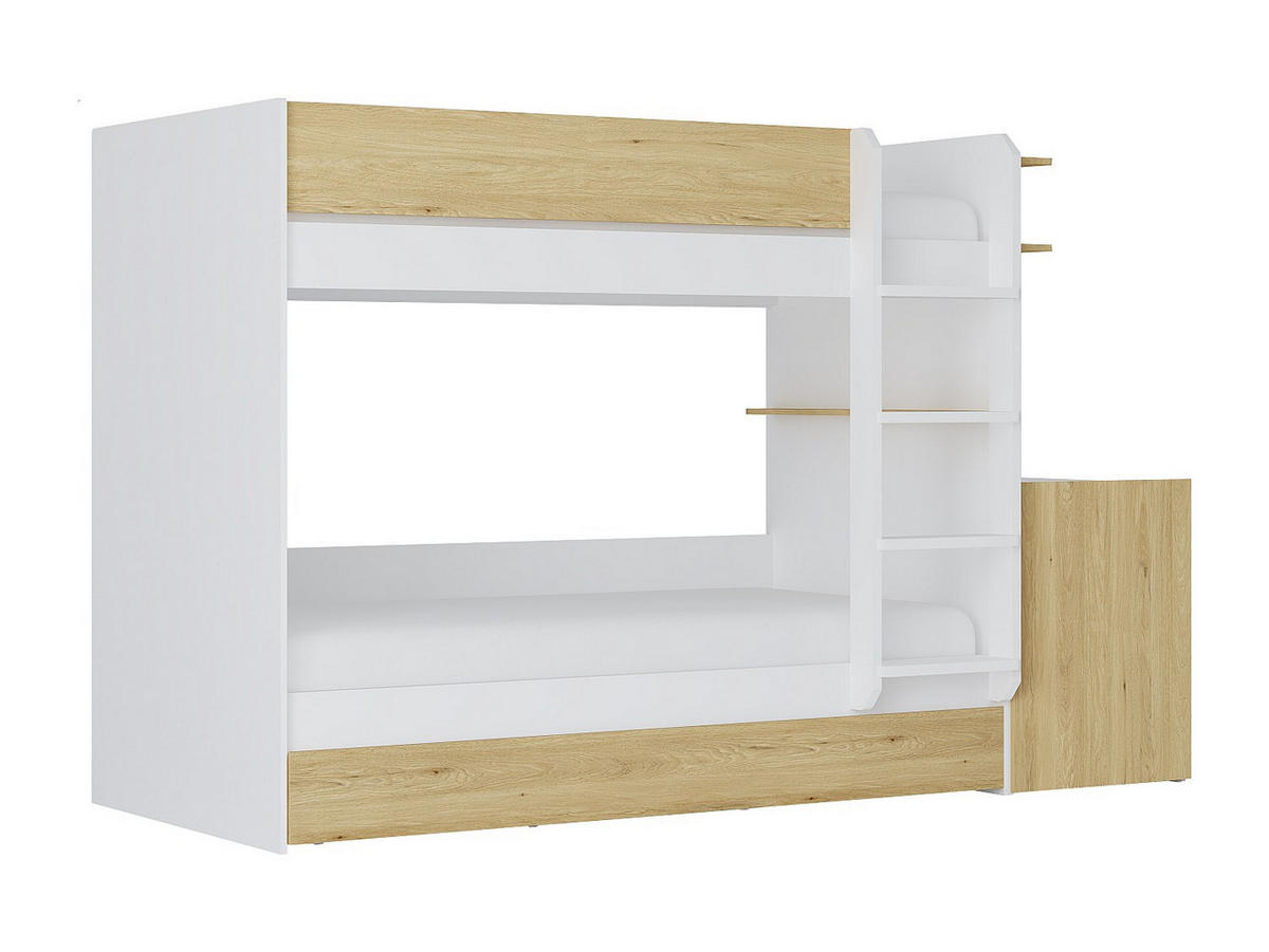 ETAGENBETT mit zusätzlichem Ausziehbett & 2 Schreibtischen - 3 x 90 x 190 cm - Weiß & Holzfarben - DOMATI - Naturfarben, Holz (100.4/196cm) - Vente-Unique