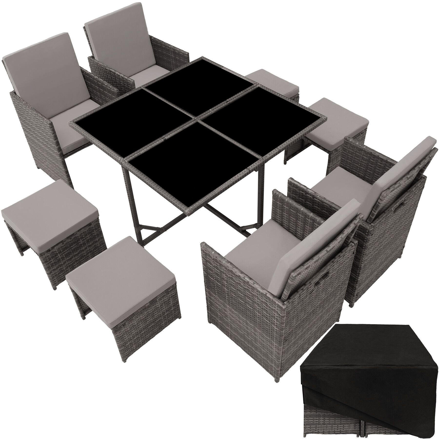 RATTAN SITZGRUPPE Bilbao, zusammenschiebbar, inklusive Schutzhülle, grau - Grau, Kunststoff - tectake