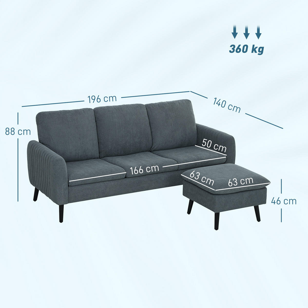 ECKSOFA mit Schlaffunktion Sofa mit Fußhocker, 3 Wurfkissen für Wohnzimmer - Dunkelgrau, Textil (140/196cm) - HOMCOM