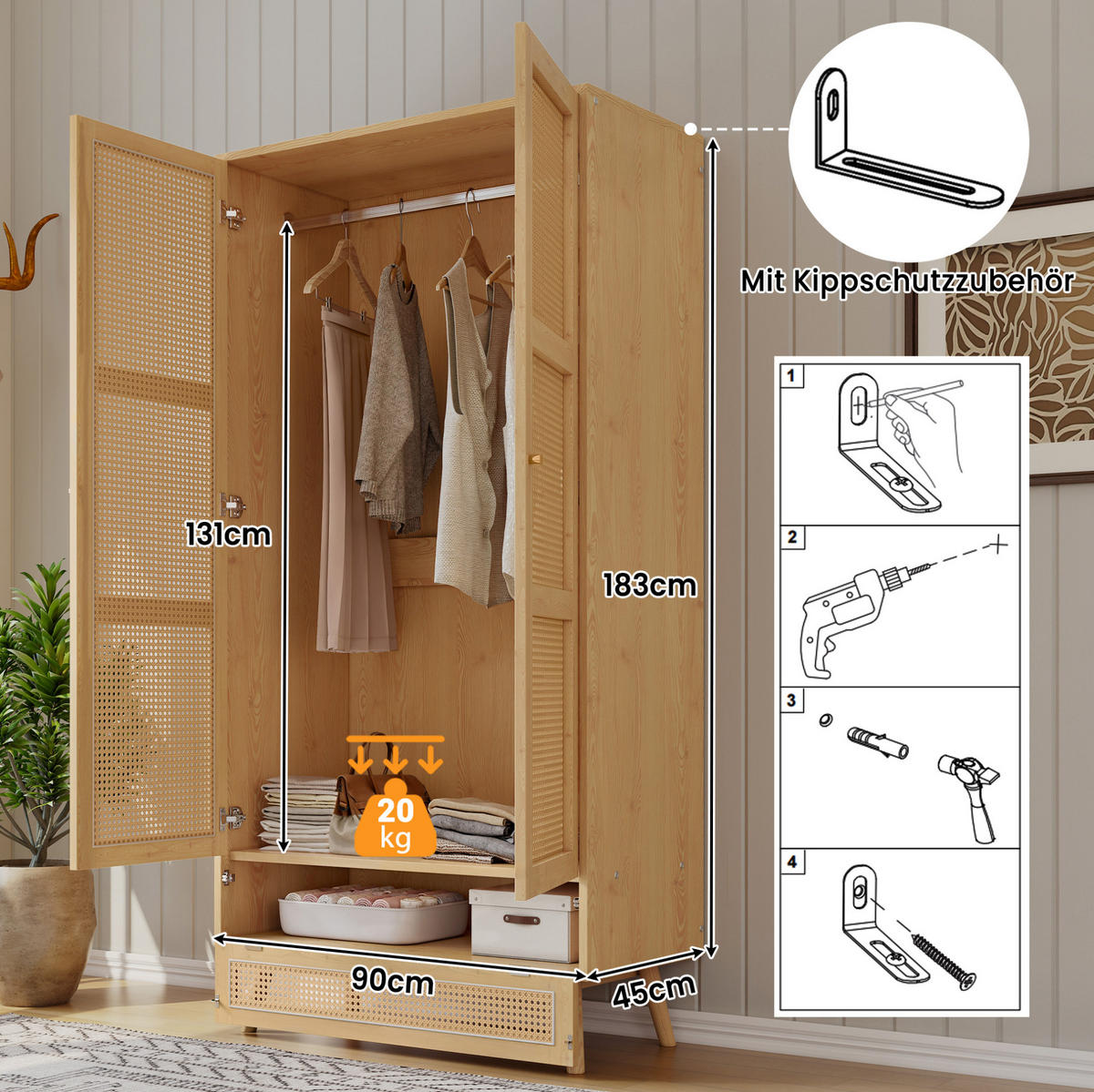 KLEIDERSCHRANK 90/45/183 cm mit 2 Drehtüren und Rattan-Optik in Natur - Naturfarben, Holz (90/183/45cm) - BEAOK