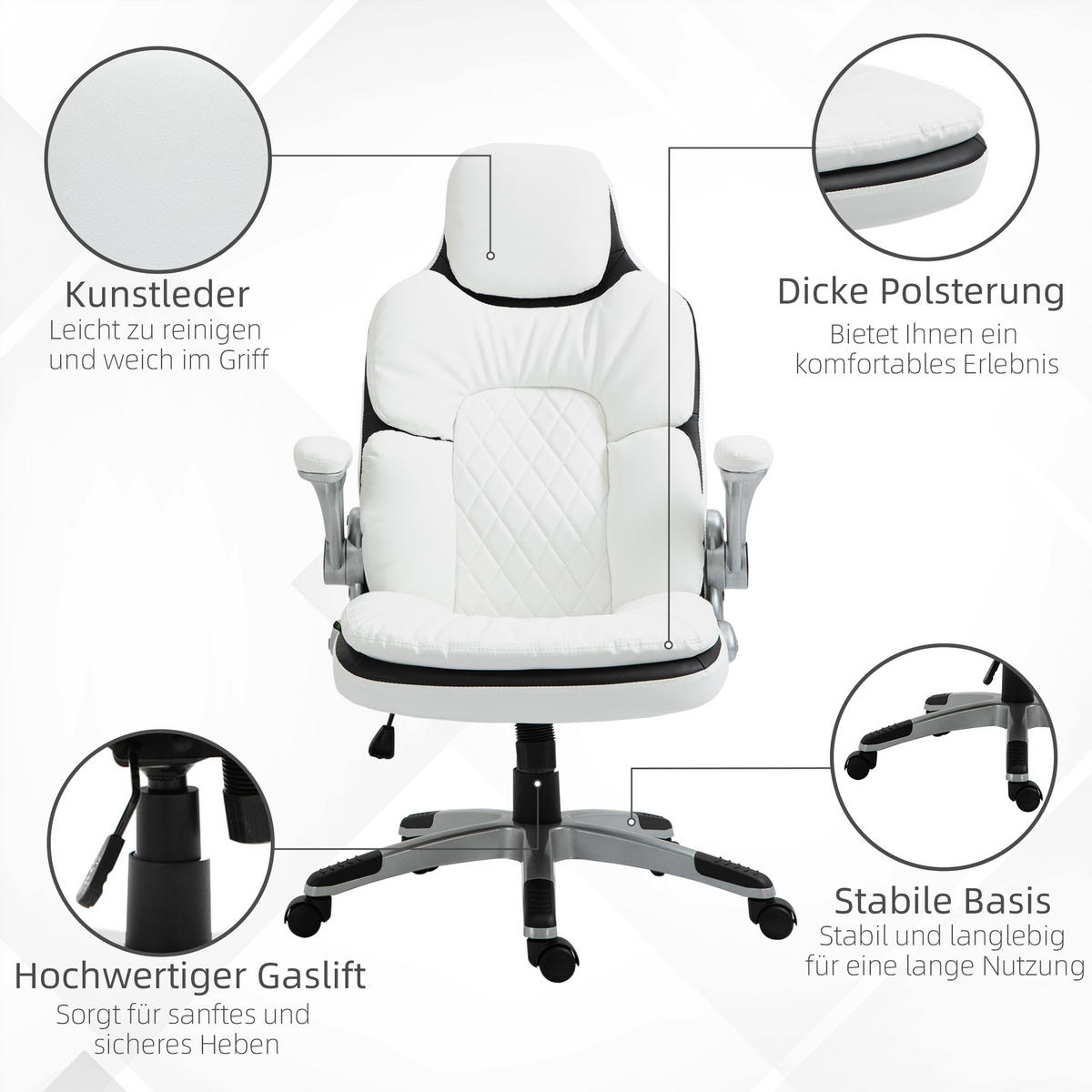 ERGONOMISCHER Bürostuhl, Armlehne - Weiß, Kunststoff (67/121/69cm) - Vinsetto