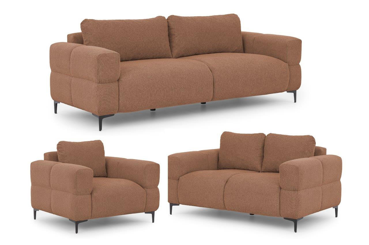 SITZGARNITUR 3+2+1 Cardea in Bubble-Optik aus weichem Terrakotta Strukturstoff mit hohem Sitzkomfort - Terracotta/Schwarz, Holz/Textil (217/80/97cm) - S-Style Möbel