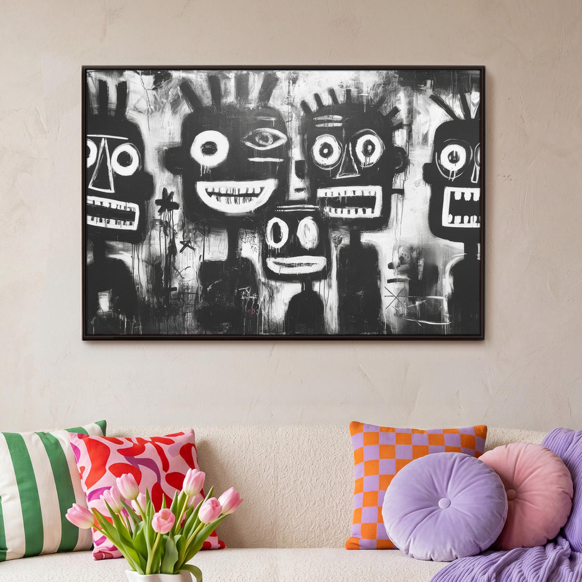 LEINWAND Bilder mit Rahmen - Malerei - Figuren - Schwarz - Abstrakt - 90x60 - Schwarz, Textil (90/60cm) - MuchoWow