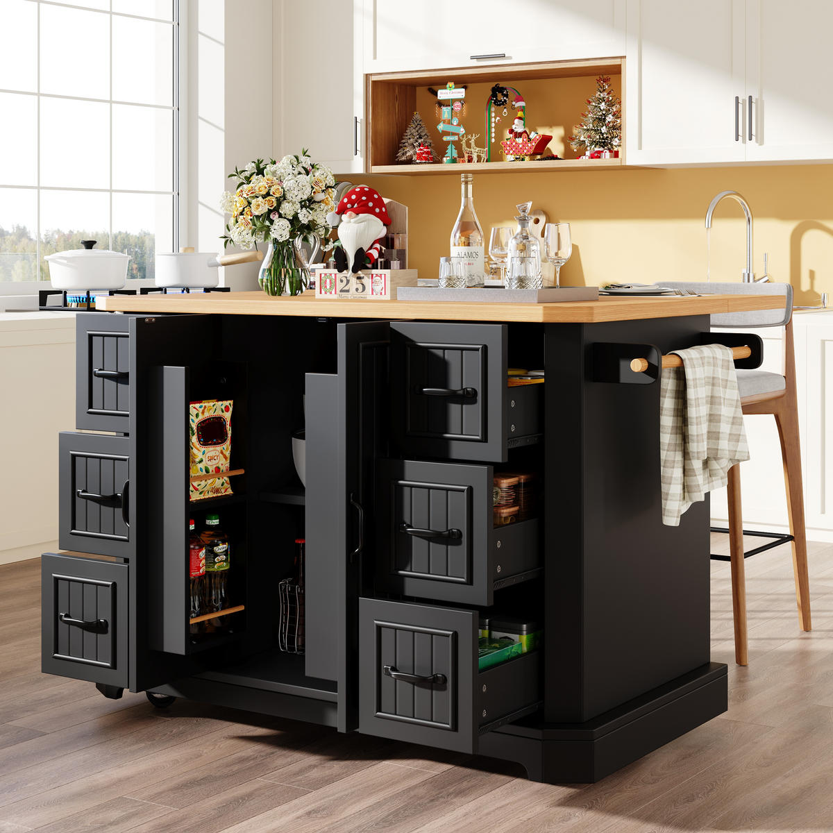 KÜCHENINSEL 120x75x91cm Schwarz mit 6 Schubladen & 2 Türen - Schwarz, Holzwerkstoff (120/91/75cm) - Modfu