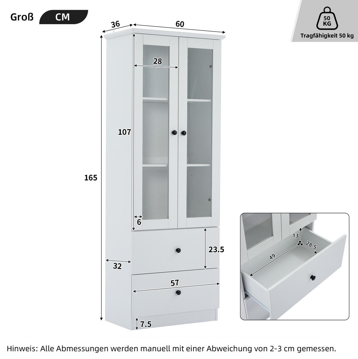 VITRÍNA z MDF a dřevotřísky 60x165x35,5 cm bílá s LED, USB, skleněnými dvířky a 2 zásuvkami - bílá, kompozitní dřevo (60/165/35.5cm) - Modfu