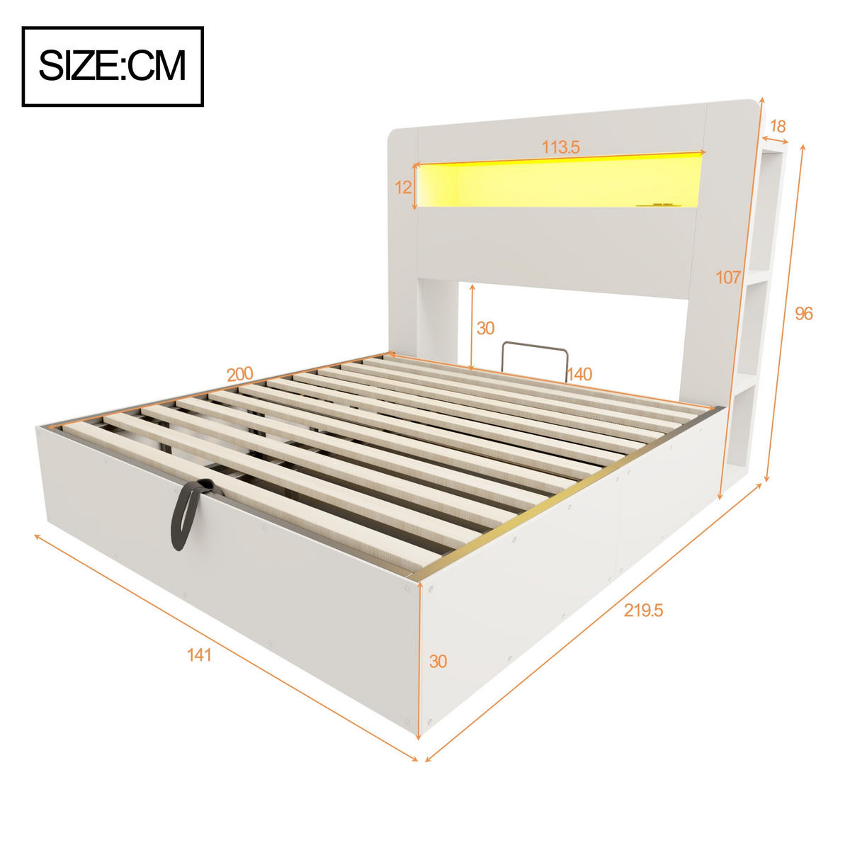 POLSTERBETT 140/200 cm Weiß mit Hydraulische Aufbewahrungsfunktion und LED-Kopfteil - Weiß, Holz (140/200cm) - Oxeza