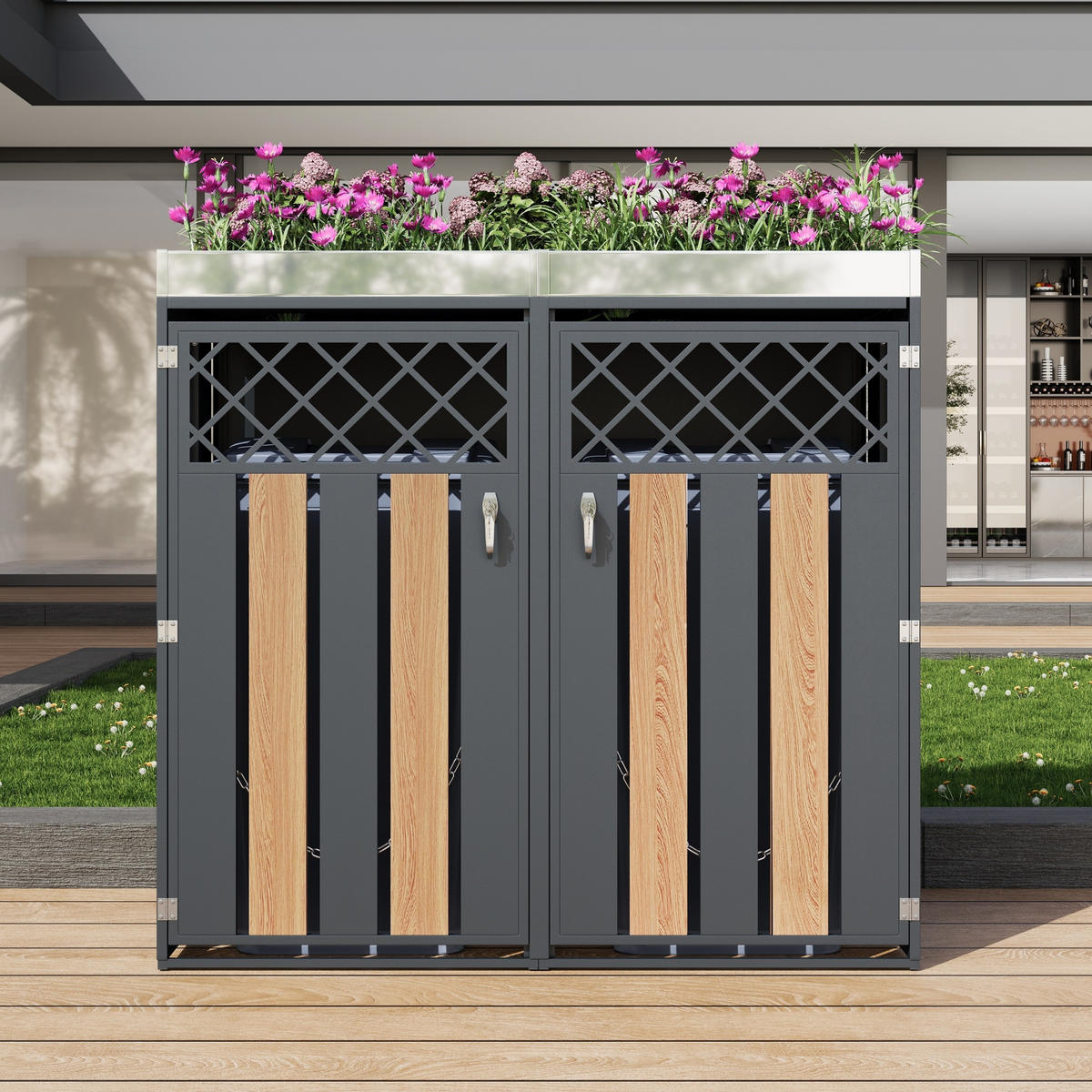 MÜLLTONNENBOX 2 Türen Pflanzfläche Lüftung abschließbar - Grau, Metall (132/124.5/80cm) - LEBENLANG