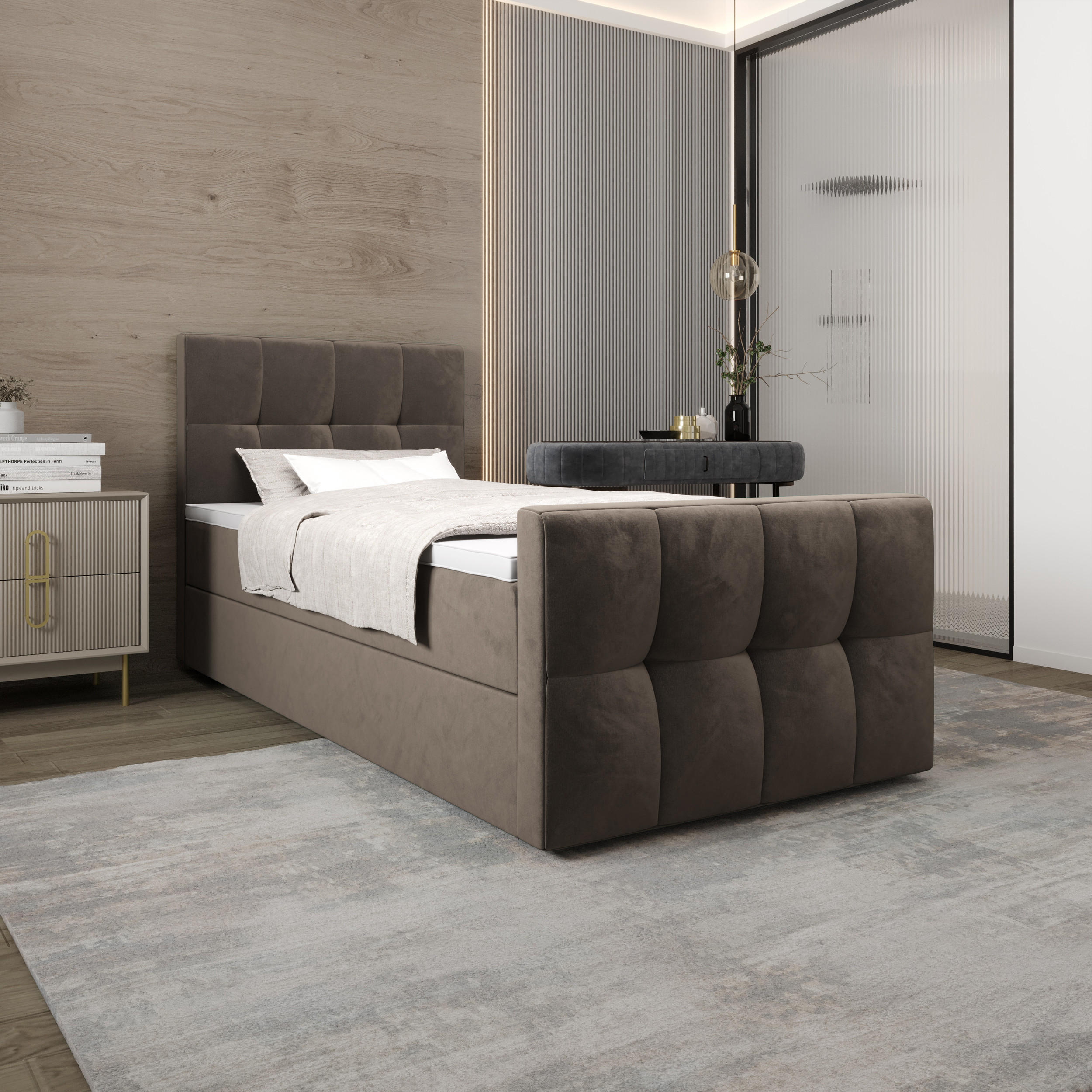 BOXBETT MANHATTAN mit Matratze H3, Bonell und Topper 100x200 Monolith 15 - Braun, Textil (100/200cm) - Bedante