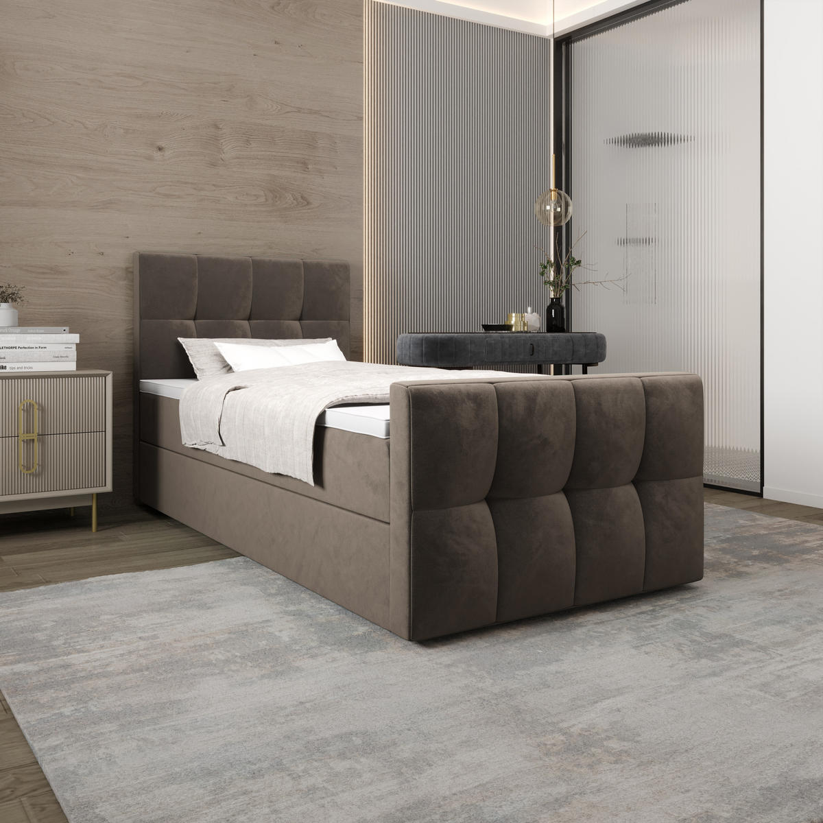 BOXBETT MANHATTAN mit Matratze H3, Bonell und Topper 90x200 Monolith 15 - Braun, Textil (90/200cm) - Bedante