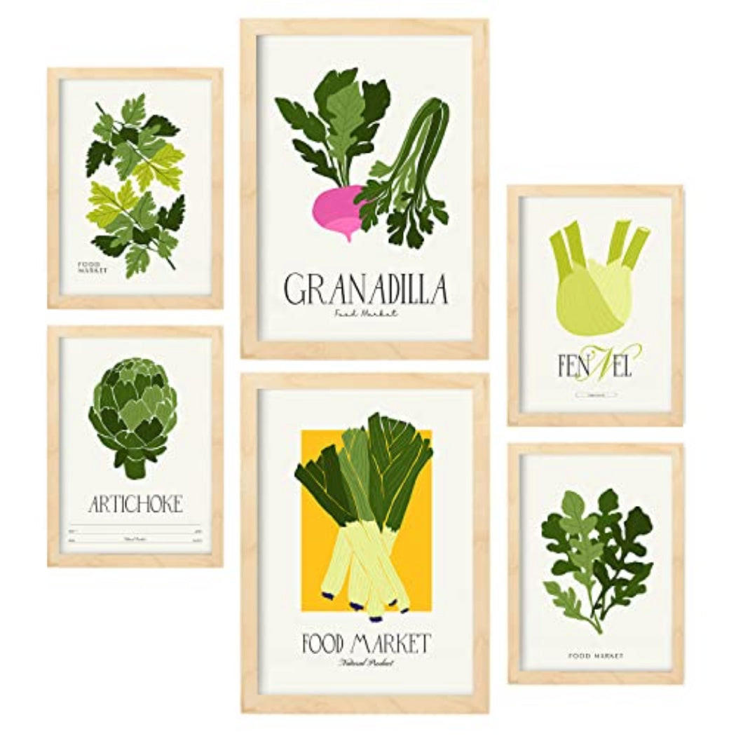 POSTER Set Mit 6 Lebensmittel Und Ernährungs Grünes Gemüse Natur Und Botanikdrucke Für Innenarchitektur A3 & A4 Rahmen Aus Hellem Holz - Beige, Papier (29/3cm) - Nacnic