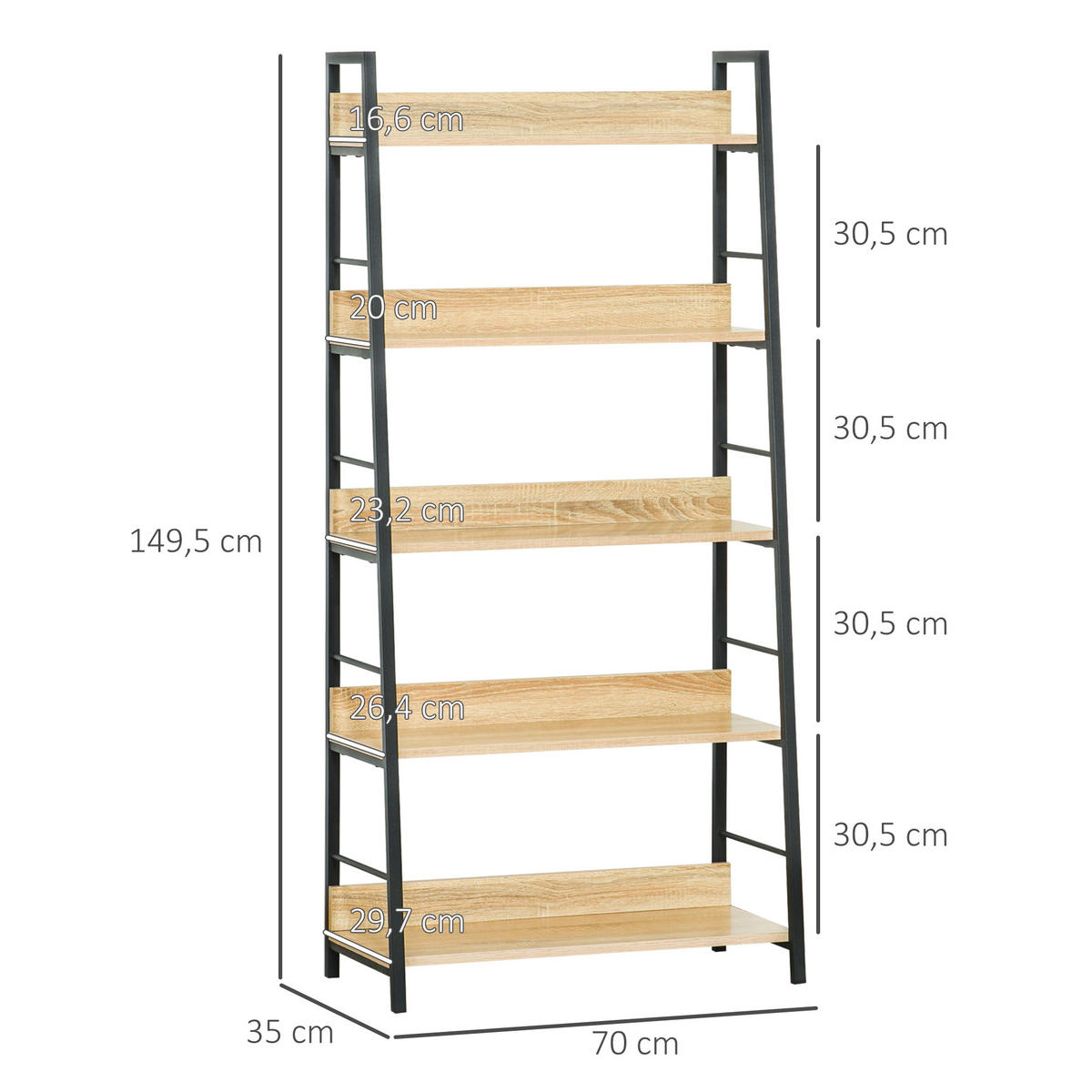 BÜCHERREGAL Eichefarben Schwarz 70/35/150 cm - Ahornfarben, Holzwerkstoff/Metall (30/149.5/70cm) - PANGIVO