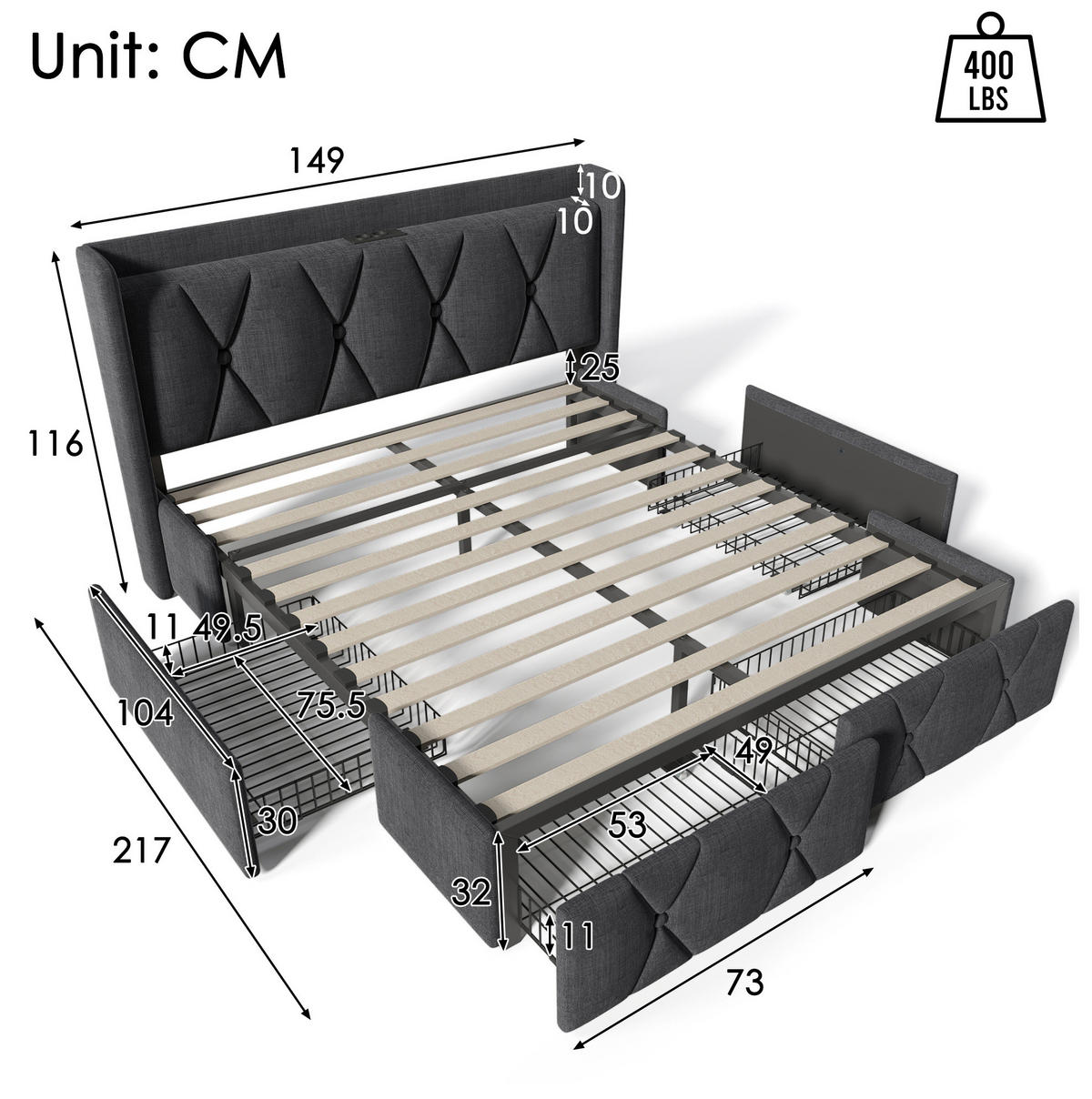 POLSTERBETT 140/200 cm Grau mit USB-Ladefunktion und 4 Schubladen ohne Matratze - Grau, Textil (140/200cm) - OKWISH