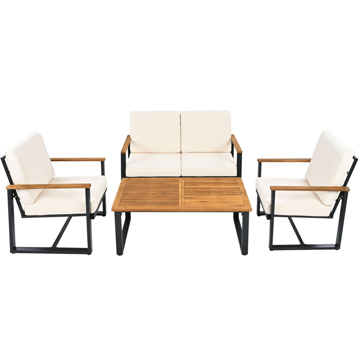 GARTENSET aus Akazie und verzinktem Stahl Beige mit 3-Sitzer, 2-Sitzer, 2 Sesseln, Couchtisch und Hocker - Beige, Metall - Modfu