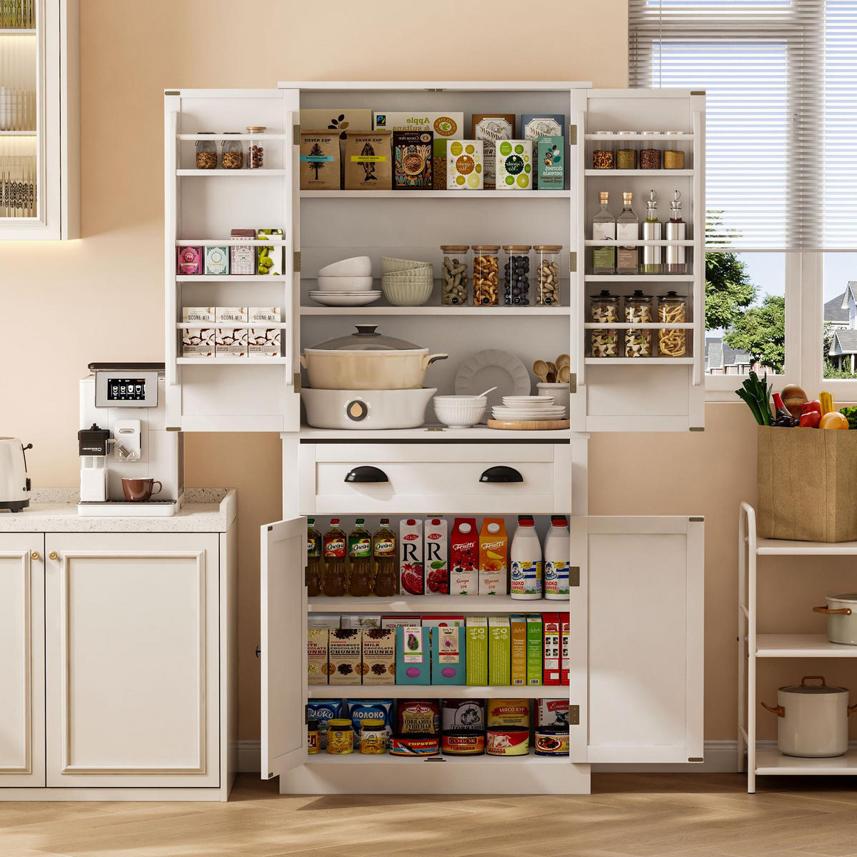 BUFFETSCHRANK, Vorratsschrank mit 4 Türen & 1 Schublade, 4 verstellbare Einlegeböden, Holzwerkstoff, 80/40/182 cm, Weiß - Weiß, Holzwerkstoff (80/182/40cm) - Modfu