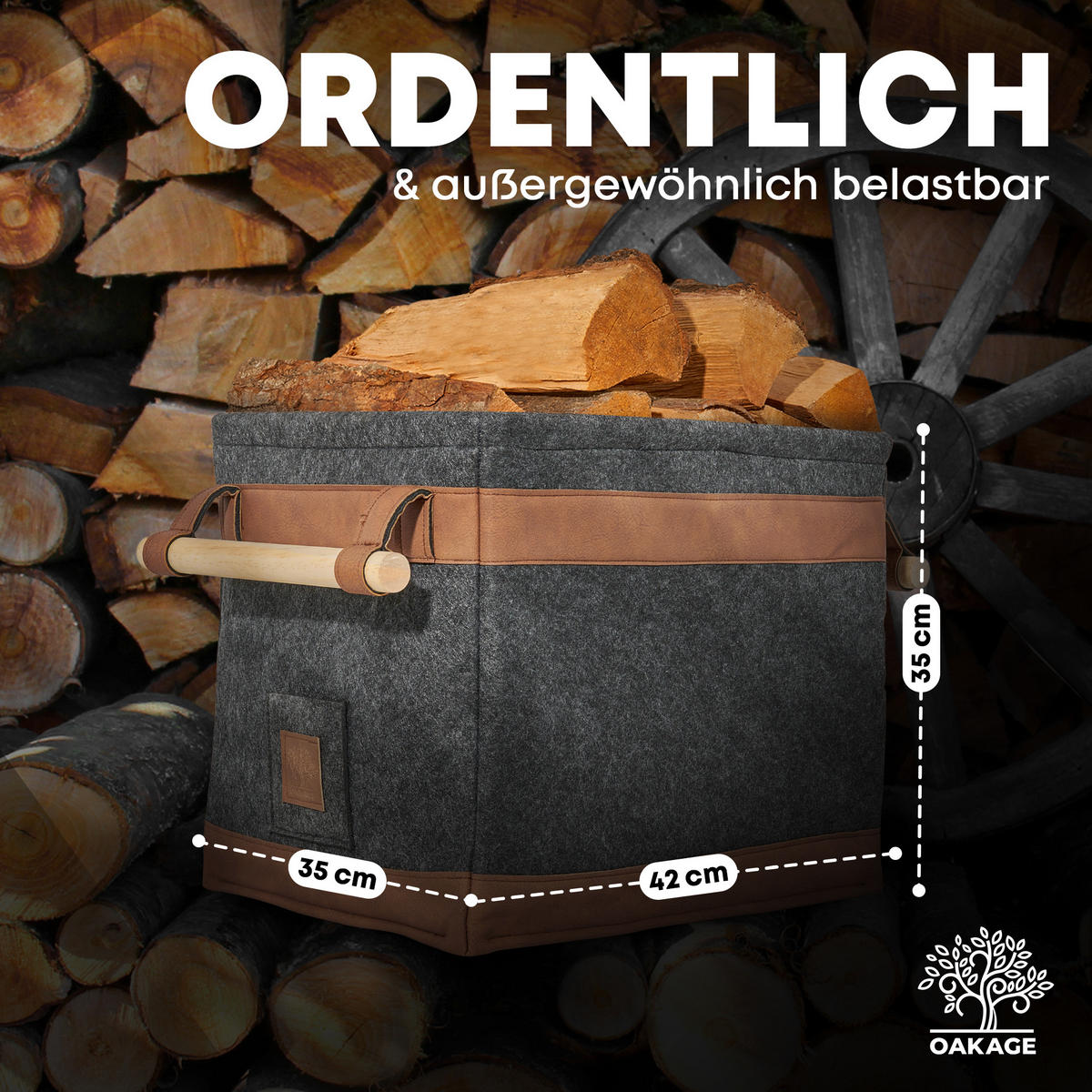 KAMINHOLZKORB FireMaster Filz mit schmutz- und wasserabweisendem Innenlayer und Lederboden 42/32/35 cm - Dunkelgrau, Textil (32/35/42cm) - OAKAGE
