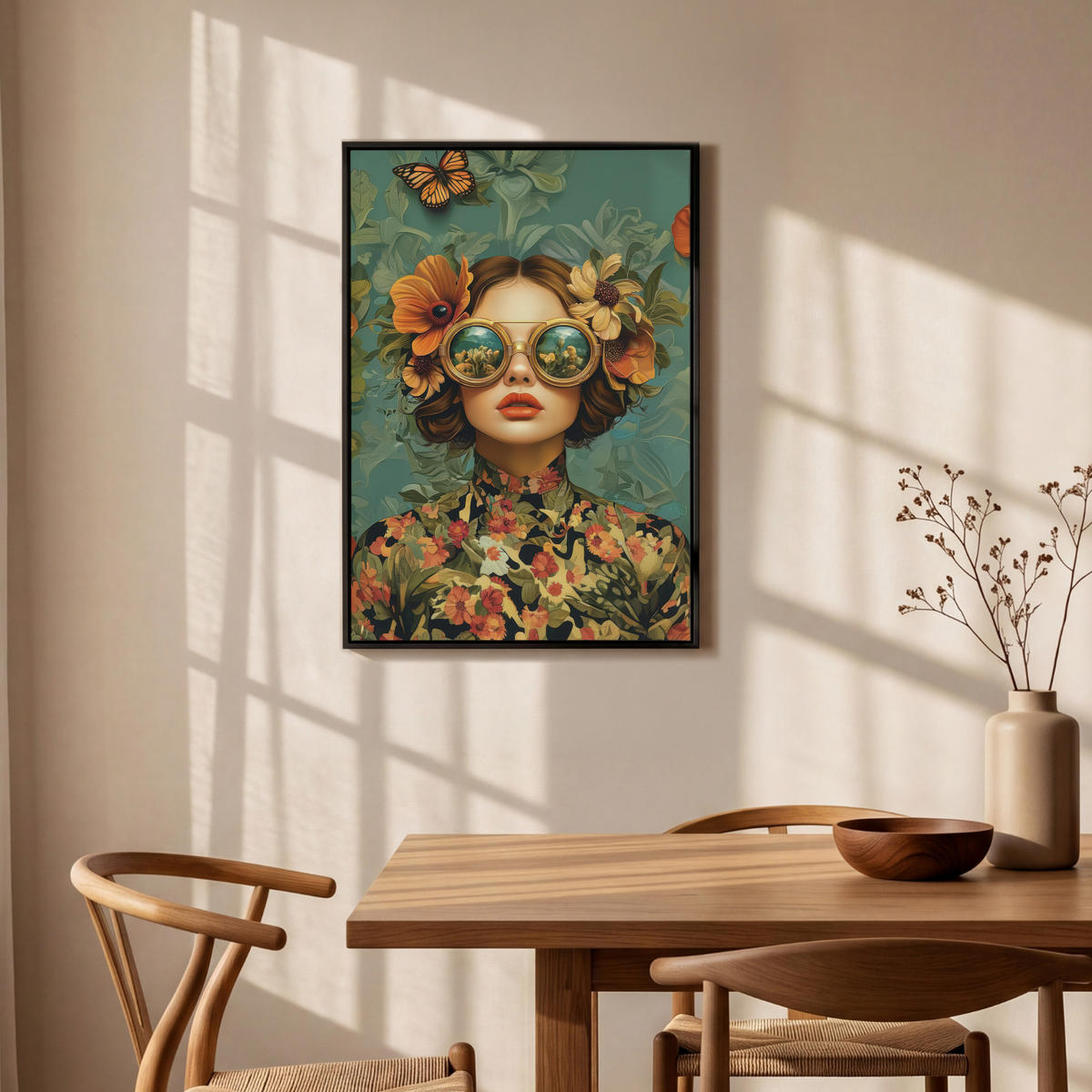 LEINWAND Bilder mit Rahmen - Frau - Blumen - Schmetterlinge - Natur - Vintage - 60x90 - Salbeigrün, Textil (60/90cm) - MuchoWow