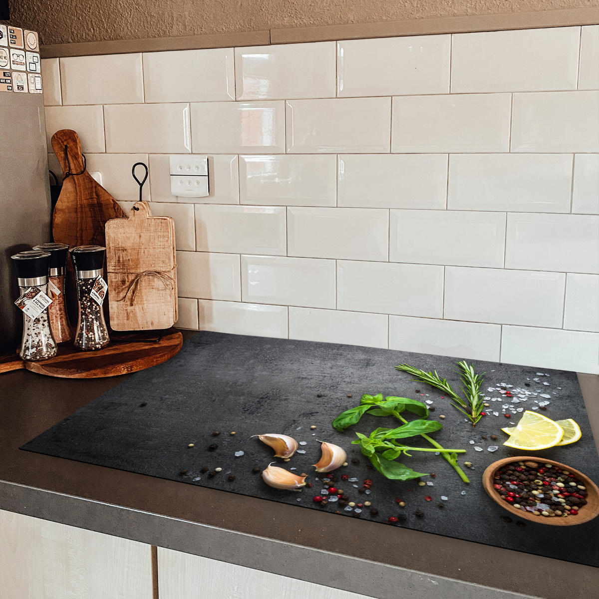 HERDABDECKPLATTE Limette - Kräuter - Gewürze - Grün - Grau - Beton Induktionsschutz 81.6x52.7 cm - Grün, Kunststoff (81.6/52.7/0.2cm) - MuchoWow