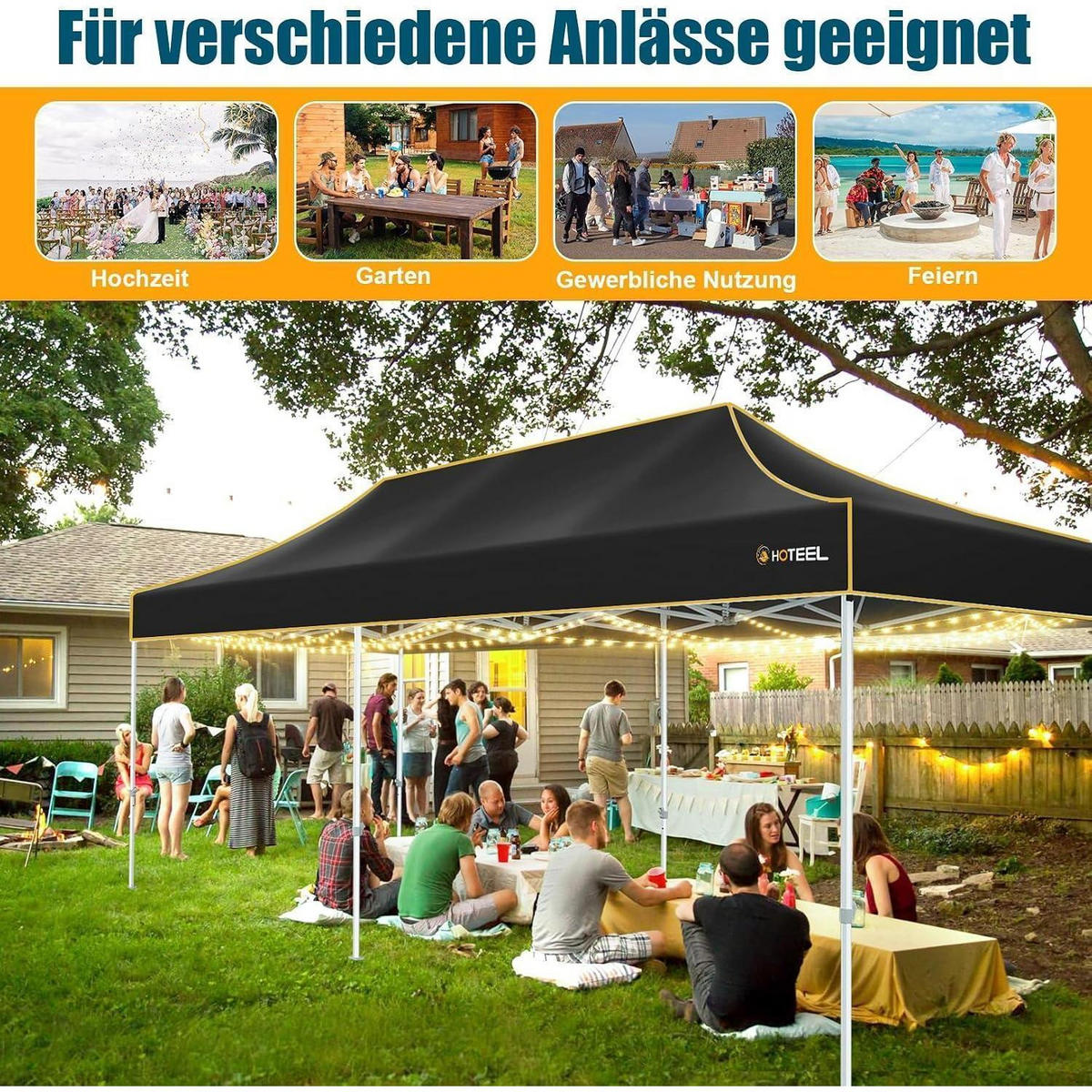 FALTPAVILLON 3x6m Schwarz Wasserdicht Stabil Winterfest Sechskant-Gestell 6 Seitenteile - Schwarz, Textil (300/320/600cm)