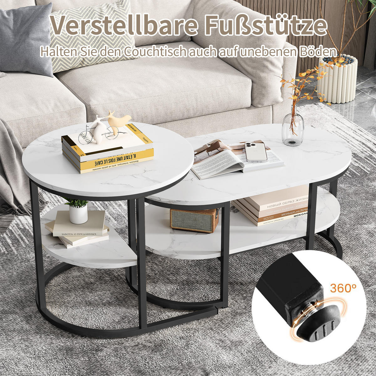 COUCHTISCH SET 2-teilig Weiß Marmoroptik mit Schwarzen Metallrahmen - Schwarz, Stein (80/46/41cm) - CASIVA