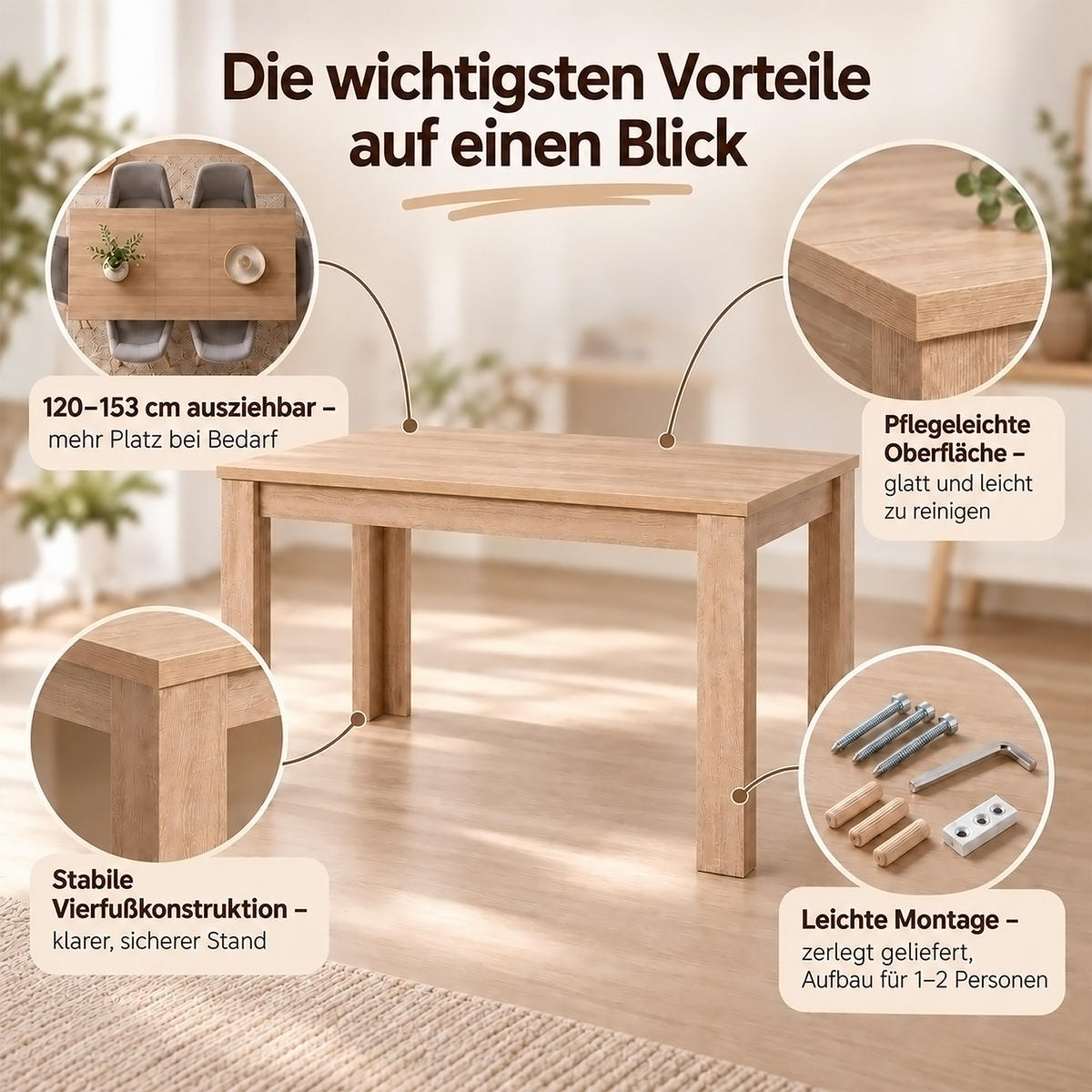 TISCHGRUPPE 120/80 cm Natur mit 4 Stühlen schwarz - Schwarz/Naturfarben, Holz/Kunststoff (80/80/120cm) - Homestyle4u