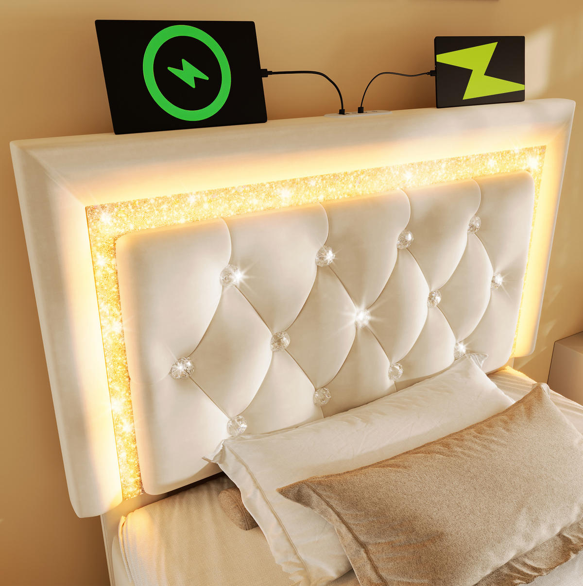 POLSTERBETT 90/200 cm Beige aus Samt mit LED und Stauraum - Beige, Textil (90/200cm) - OKMYHOME