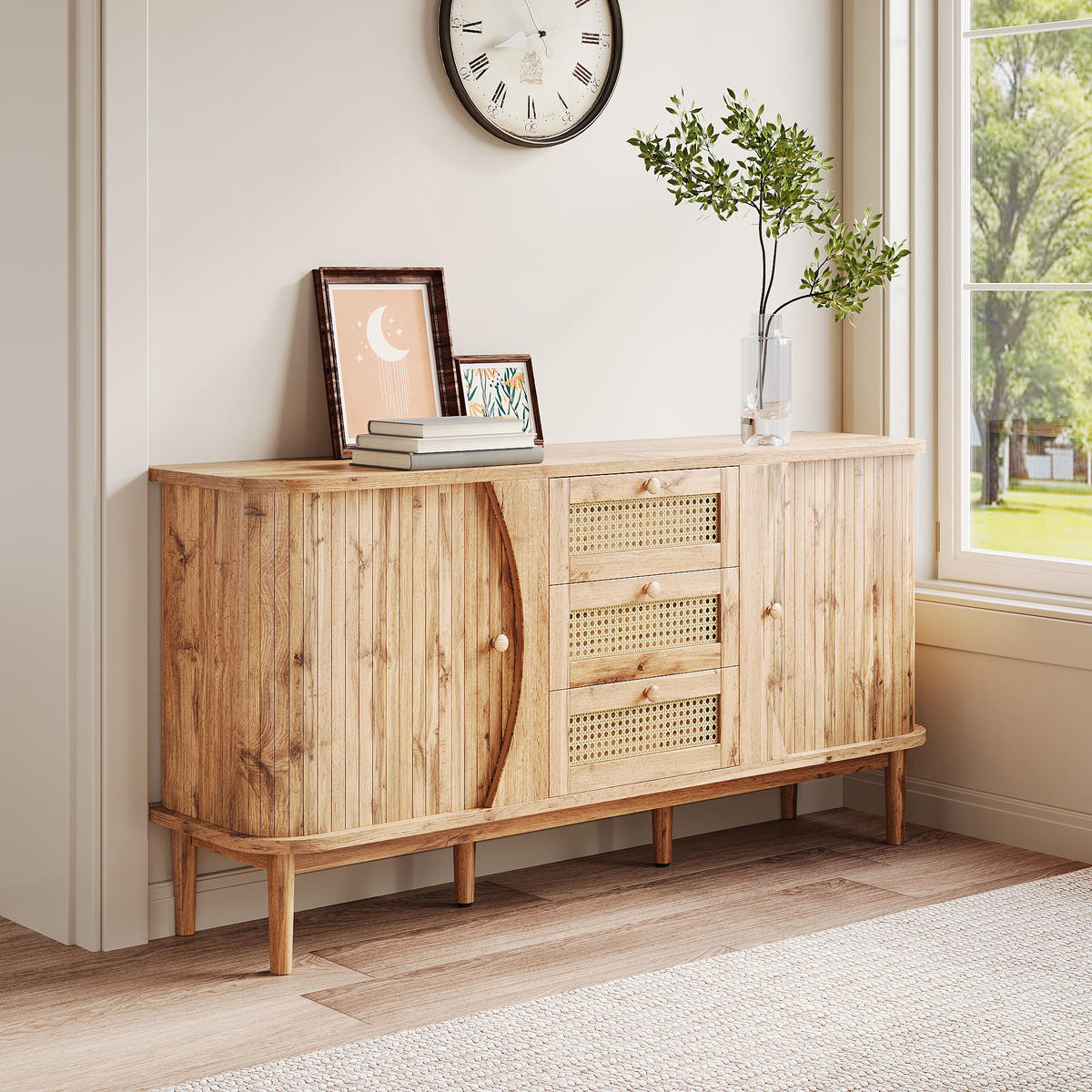 SIDEBOARD Rattan Schiebetüren verstellbare Böden modern - Naturfarben, Holzwerkstoff (40/76/140.5cm) - FLIEKS