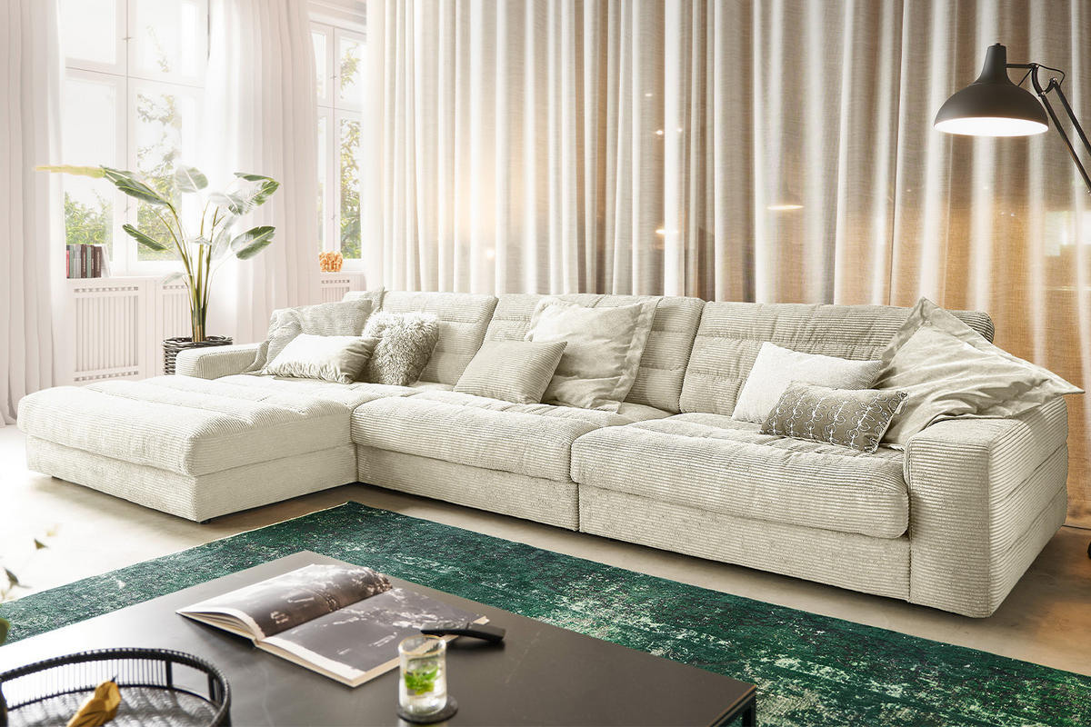 ECKSOFA XL LANA Cremeweiß Cord - Creme/Schwarz, Textil (416/205cm) - KAWOLA