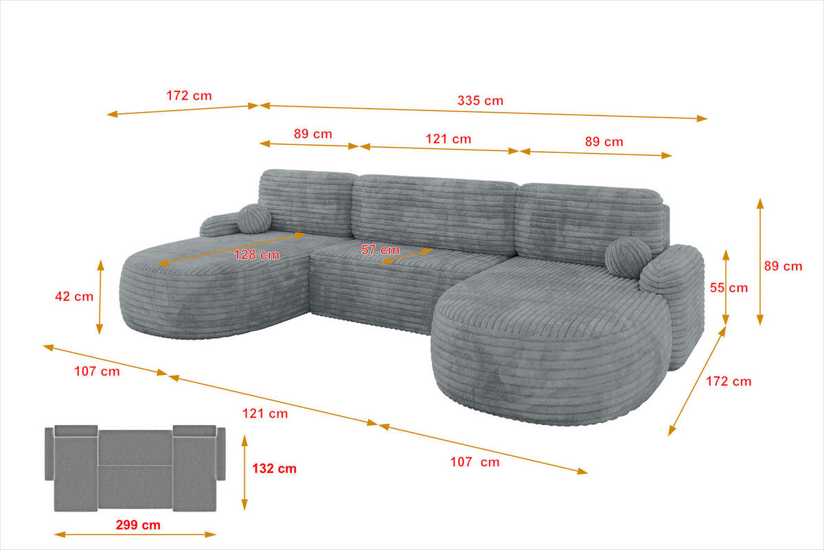 WOHNLANDSCHAFT mit Schlaffunktion und Bettkasten LIRA-U - 335x172x89 Dunkelgrau - Dunkelgrau, Holzwerkstoff/Textil (335/89/172cm) - ALTDECOR