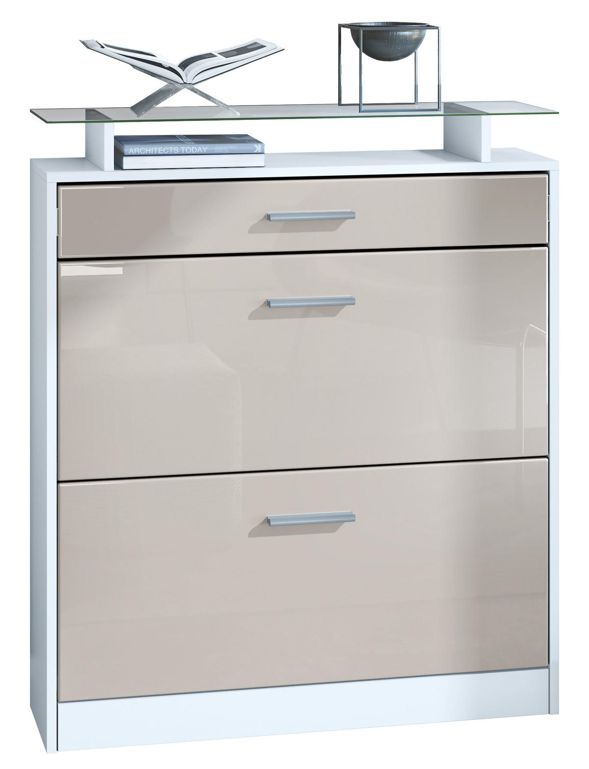 SCHUHSCHRANK Loret Front in Sandgrau Hochglanz - Sandfarben, Holzwerkstoff (89/104/23cm) - Vladon