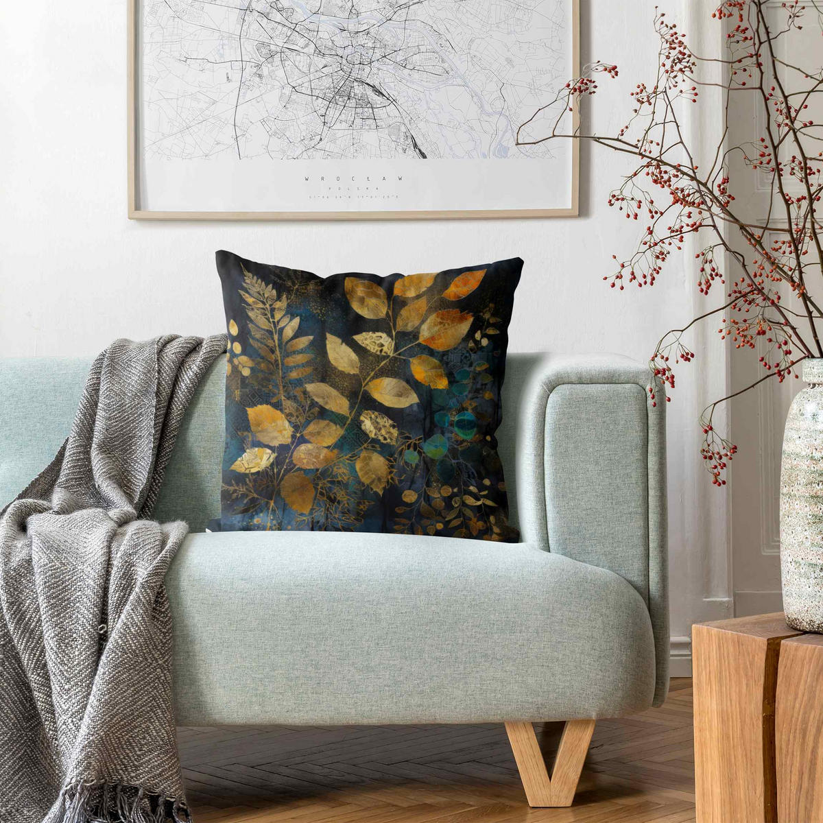 KISSENBEZUG Goldene und blaue Blätter 50/50 cm - Schwarz, Textil (50/50cm) - Bilderwelten