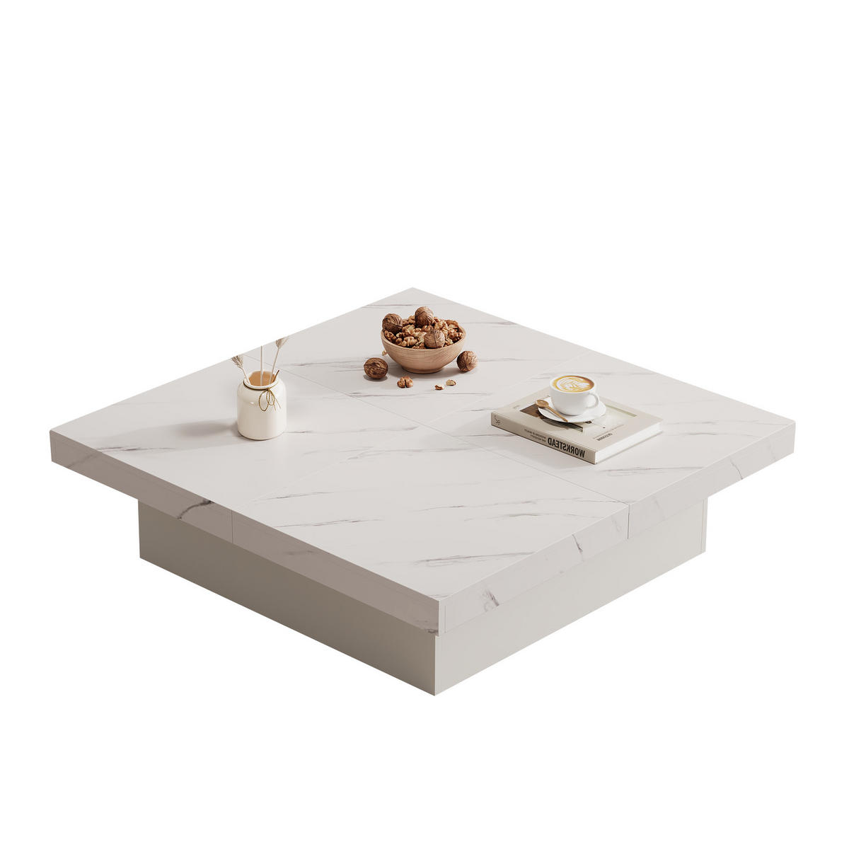 COUCHTISCH aus Spanplatte 90x90x25 cm Weiß mit 4 Schubladen und verschiebbarer Tischplatte - Weiß, Holzwerkstoff (90/90/25cm) - IVMEU