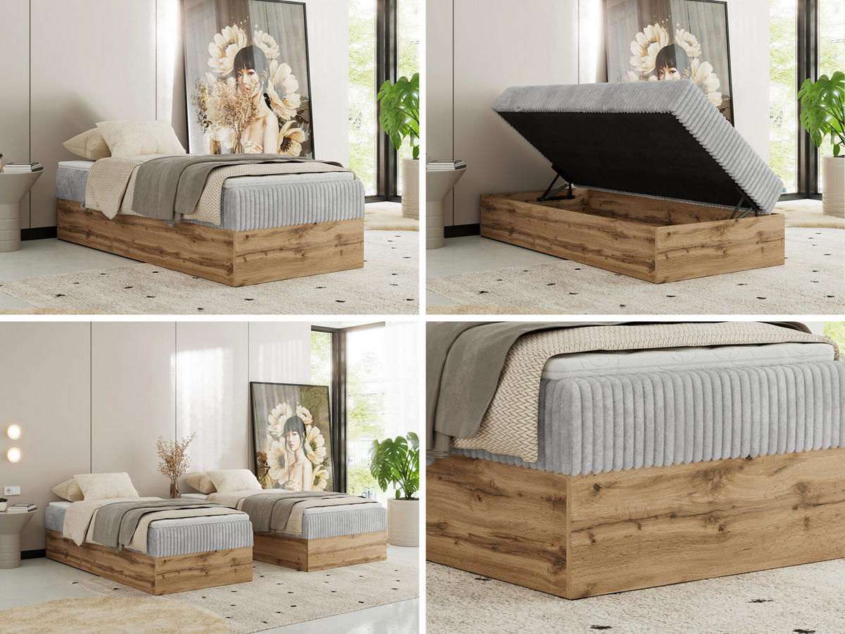 BOXBETT WOOD ZERO 90/200 - Hellgrau Cord - H4 - Topper T25 - Hellgrau, Textil (90/200cm) - MKS