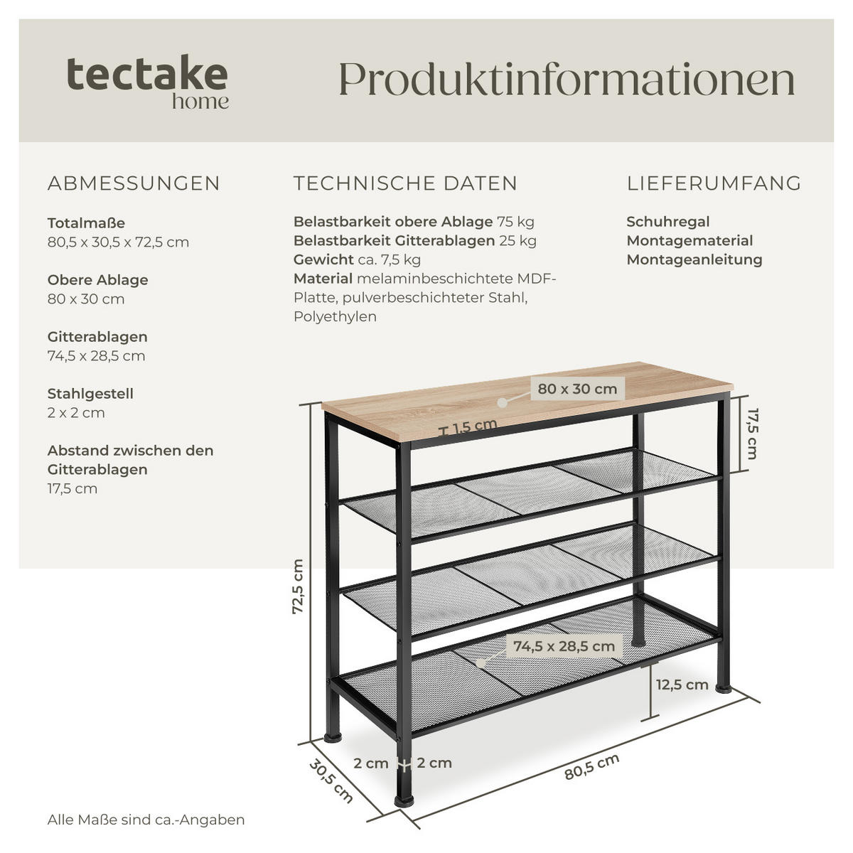 SCHUHREGAL Newport,80,5 x 30,5 x 72,5 cm,Industrial Holz hell, Eiche Sonoma - Naturfarben, Metall (30.5/72.5/80.5cm) - tectake