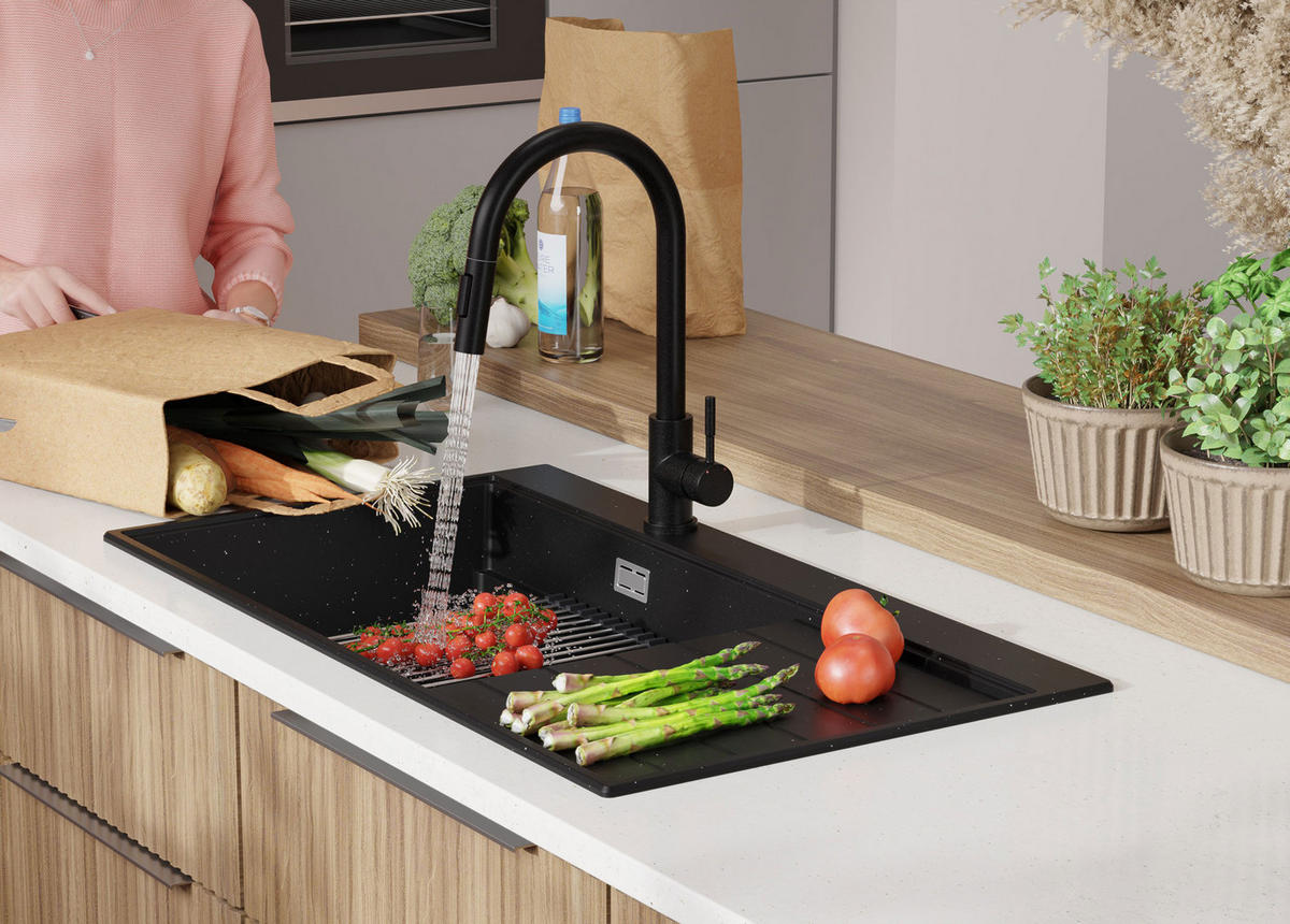 SPÜLBECKEN Sydney, 2-er set Schwarz Metallic 90/50 cm 1 Becken + Ablauf-Set + Küchenzubehörset ab 60er Unterschrank - Chromfarben/Schwarz Hochglanz, Kunststoff (90/20/50cm) - Primagran