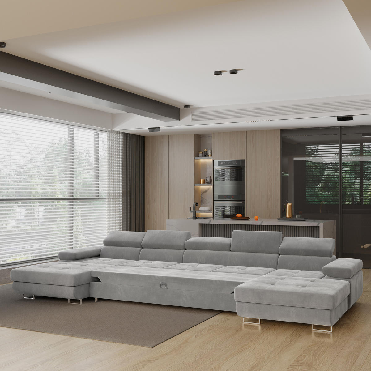 WOHNLANDSCHAFT OMBRA Hellgrau Velours-Stoff mit Schlaffunktion - Hellgrau, Holz (425/90/202cm) - MASSENO